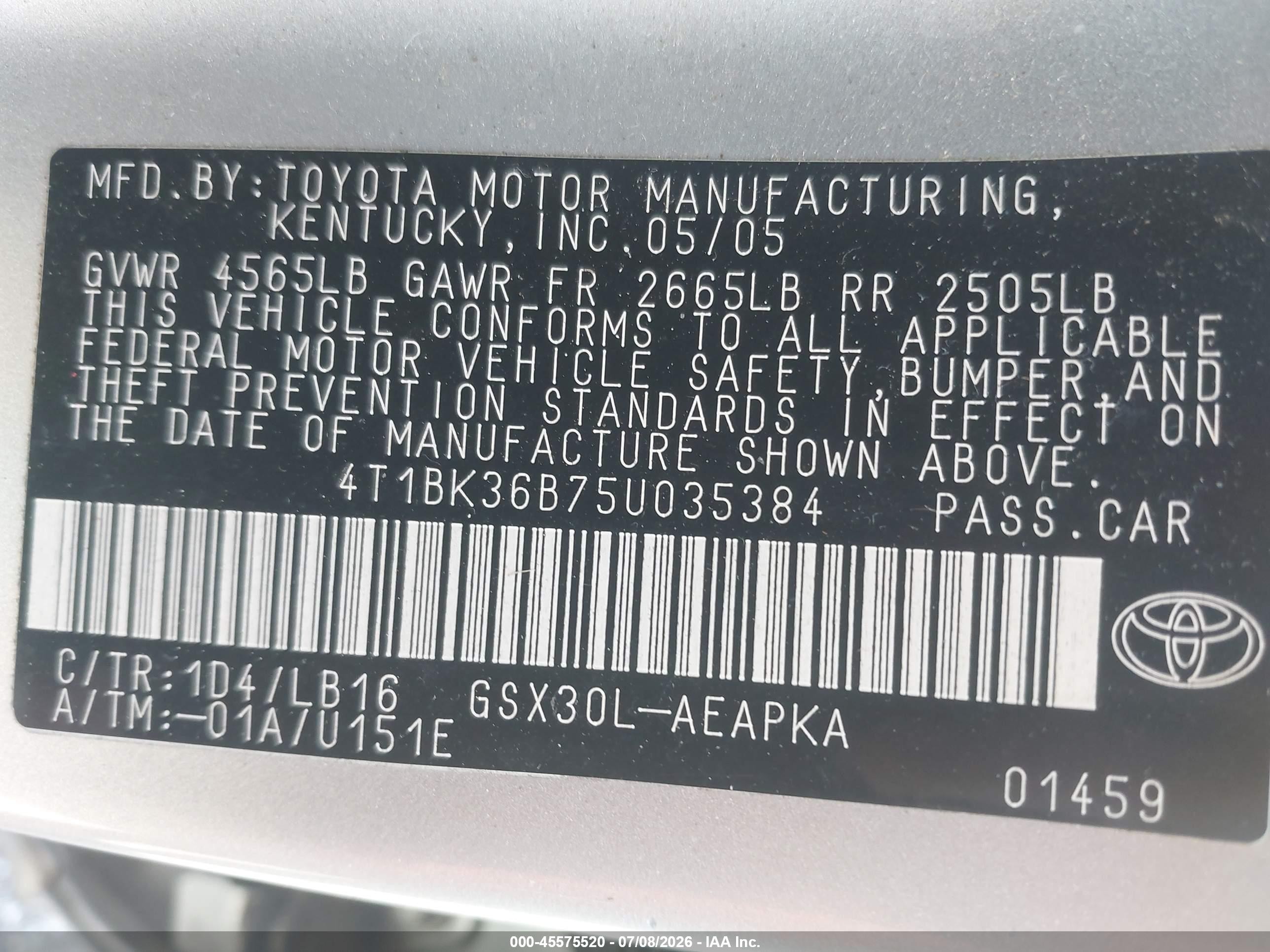 2005 Toyota Avalon Limited Silver vin: 4T1BK36B75U035384