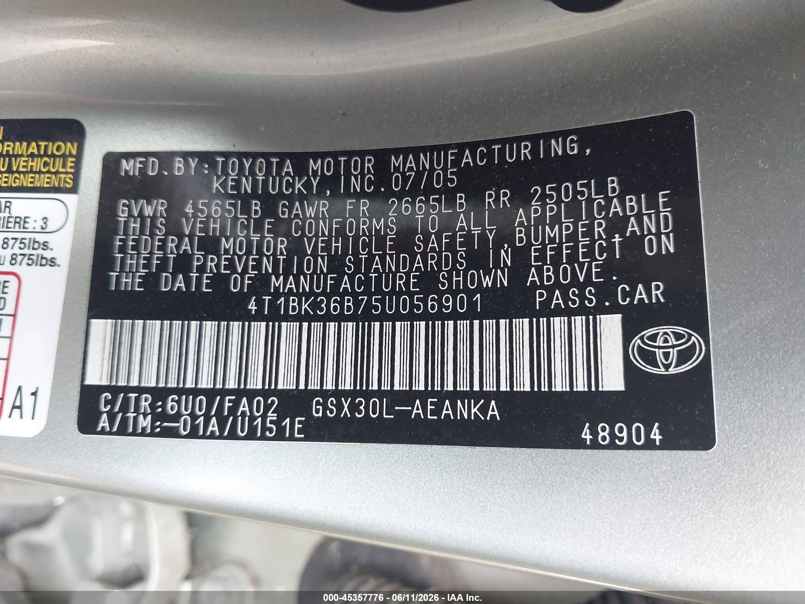 2005 Toyota Avalon Xl Green vin: 4T1BK36B75U056901