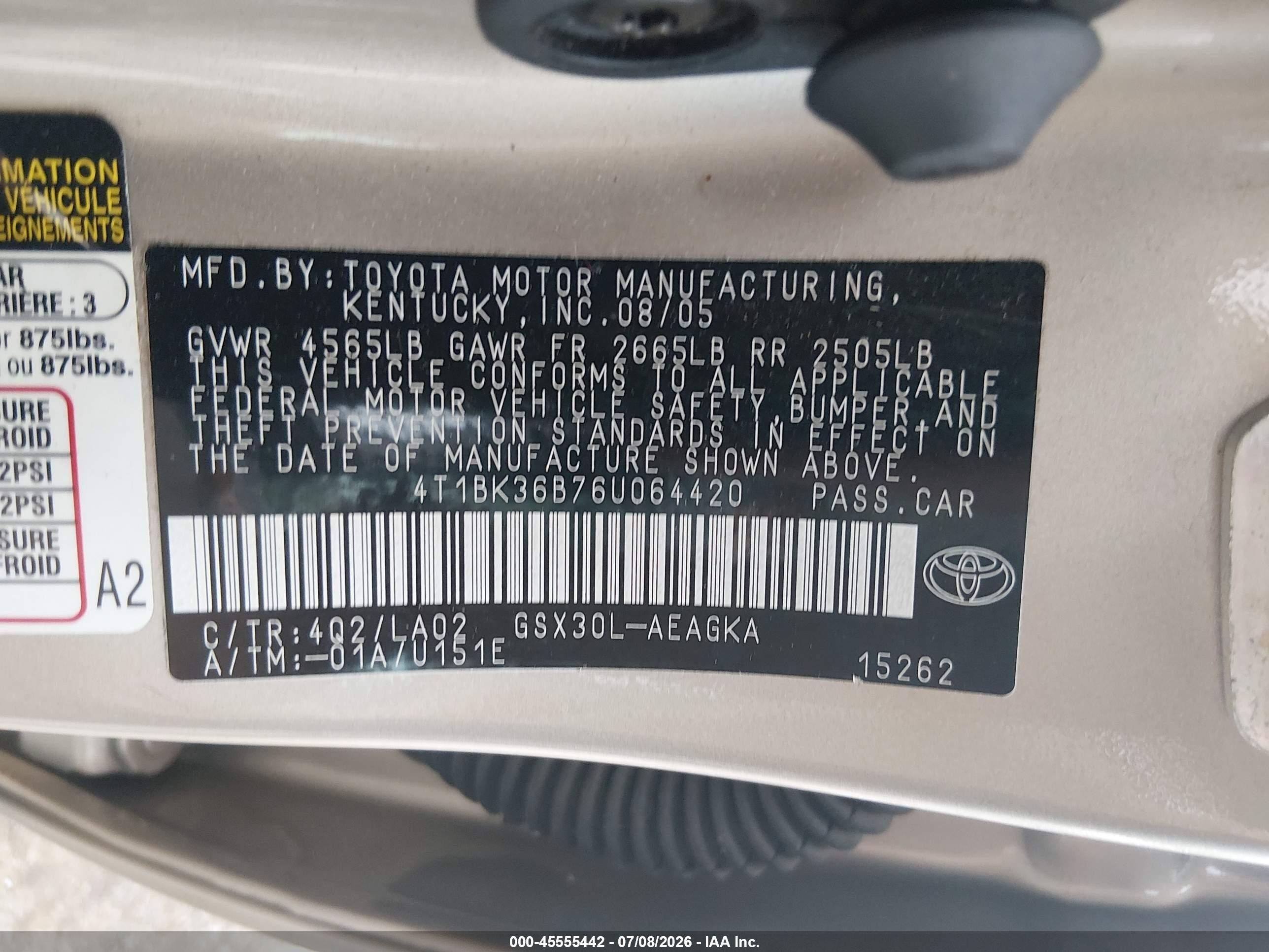 2006 Toyota Avalon Xls Золотой vin: 4T1BK36B76U064420
