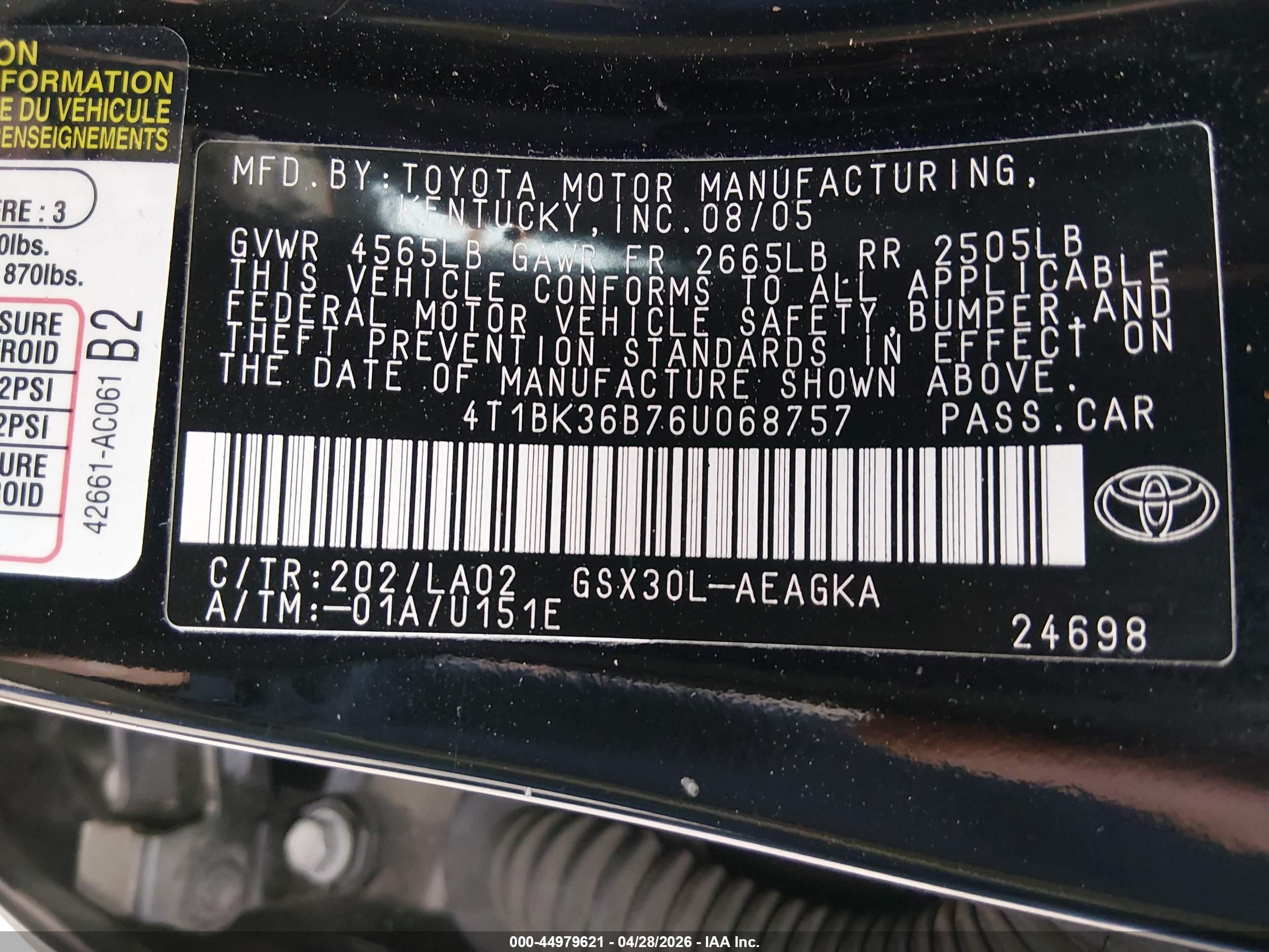2006 Toyota Avalon Xls Black vin: 4T1BK36B76U068757