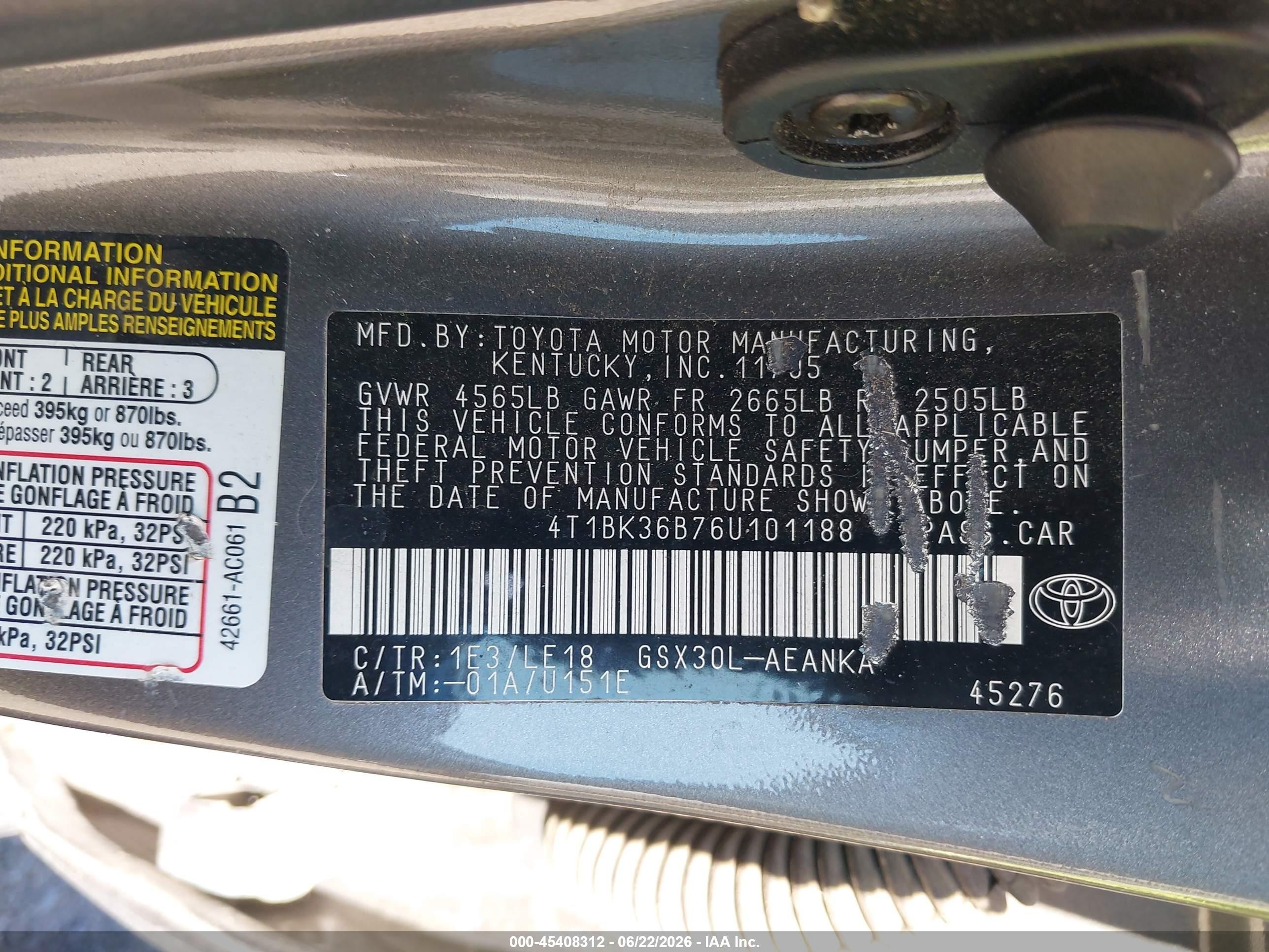 2006 Toyota Avalon Touring Gray vin: 4T1BK36B76U101188