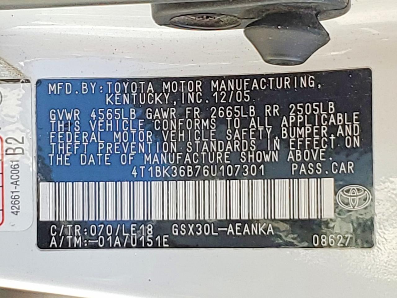 2006 Toyota Avalon Белый vin: 4T1BK36B76U107301