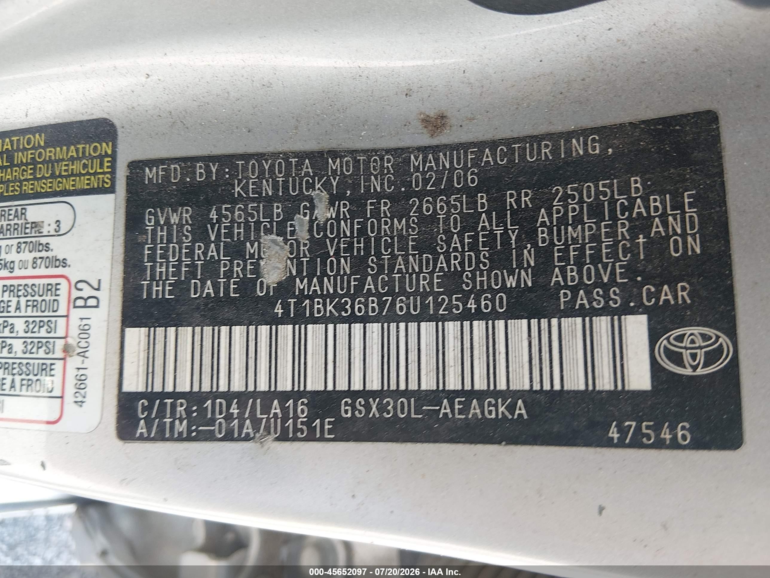 2006 Toyota Avalon Xls Серебряный vin: 4T1BK36B76U125460