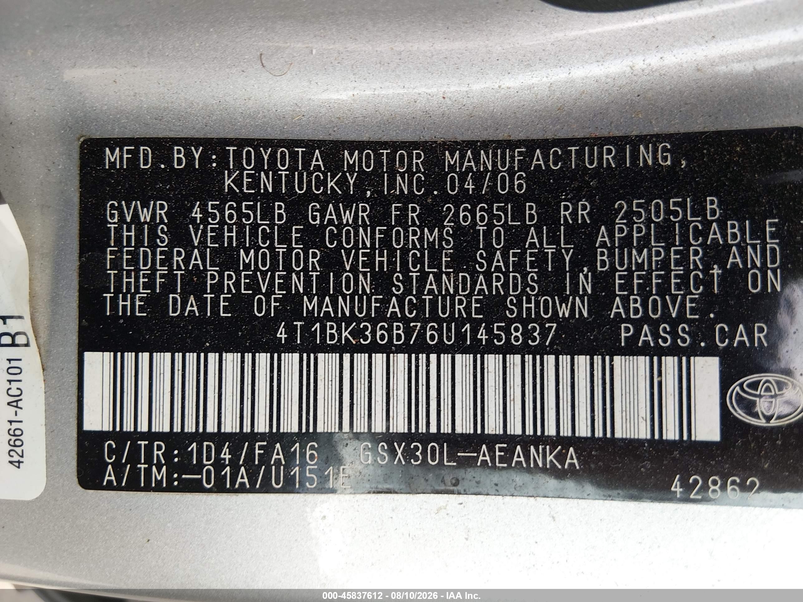 2006 Toyota Avalon Xl Silver vin: 4T1BK36B76U145837