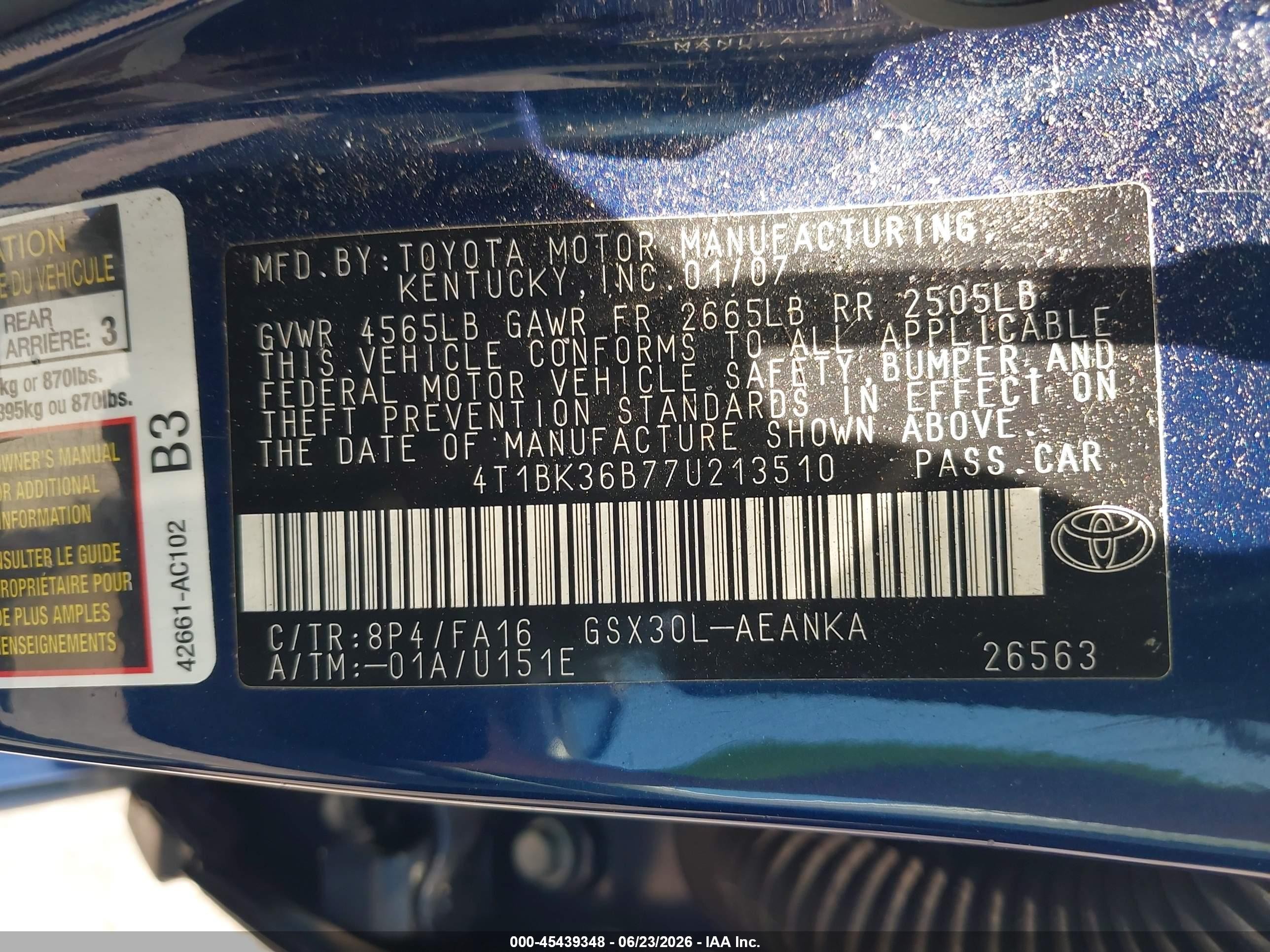 2007 Toyota Avalon Xl Blue vin: 4T1BK36B77U213510