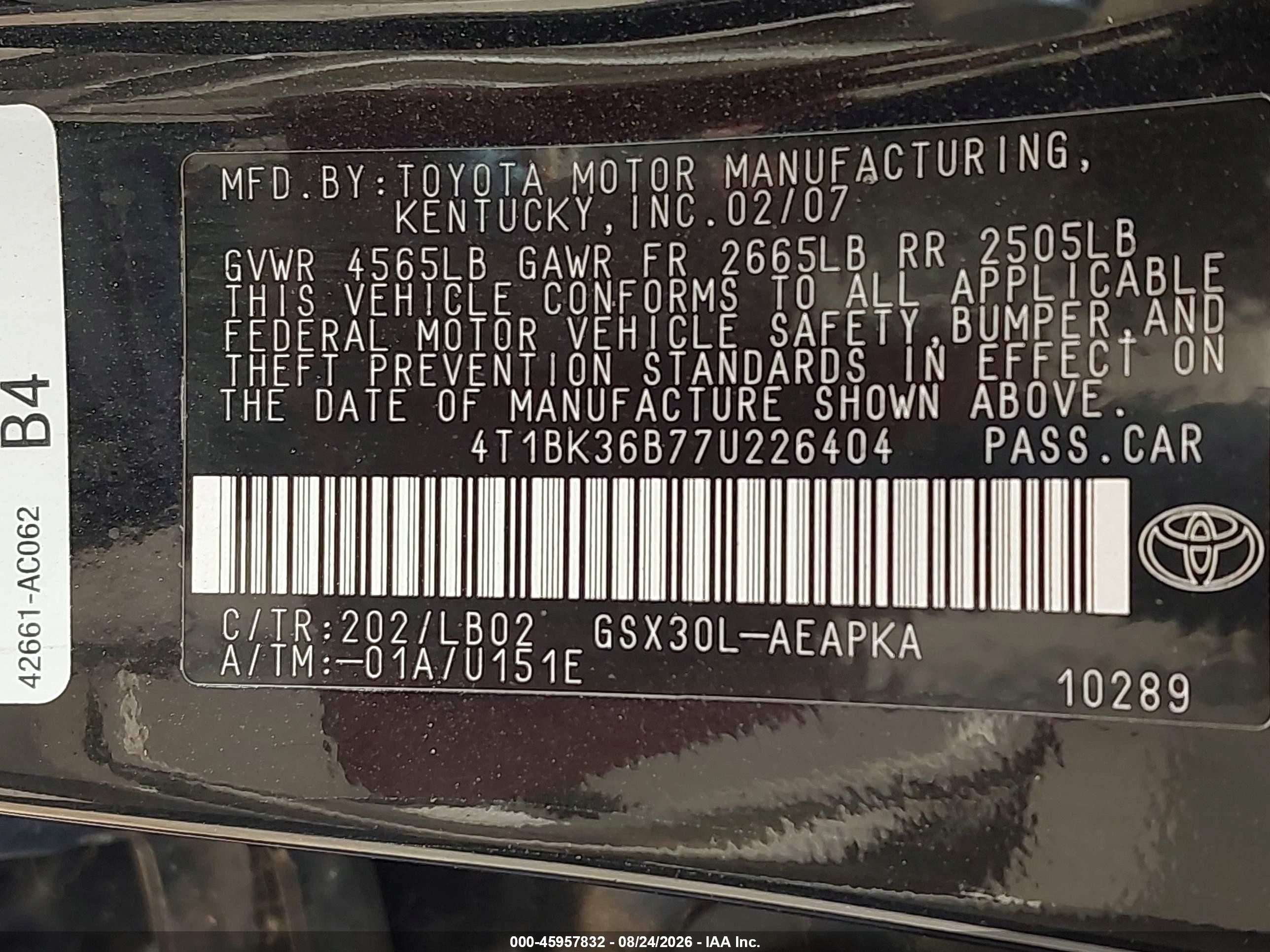 2007 Toyota Avalon Limited Black vin: 4T1BK36B77U226404
