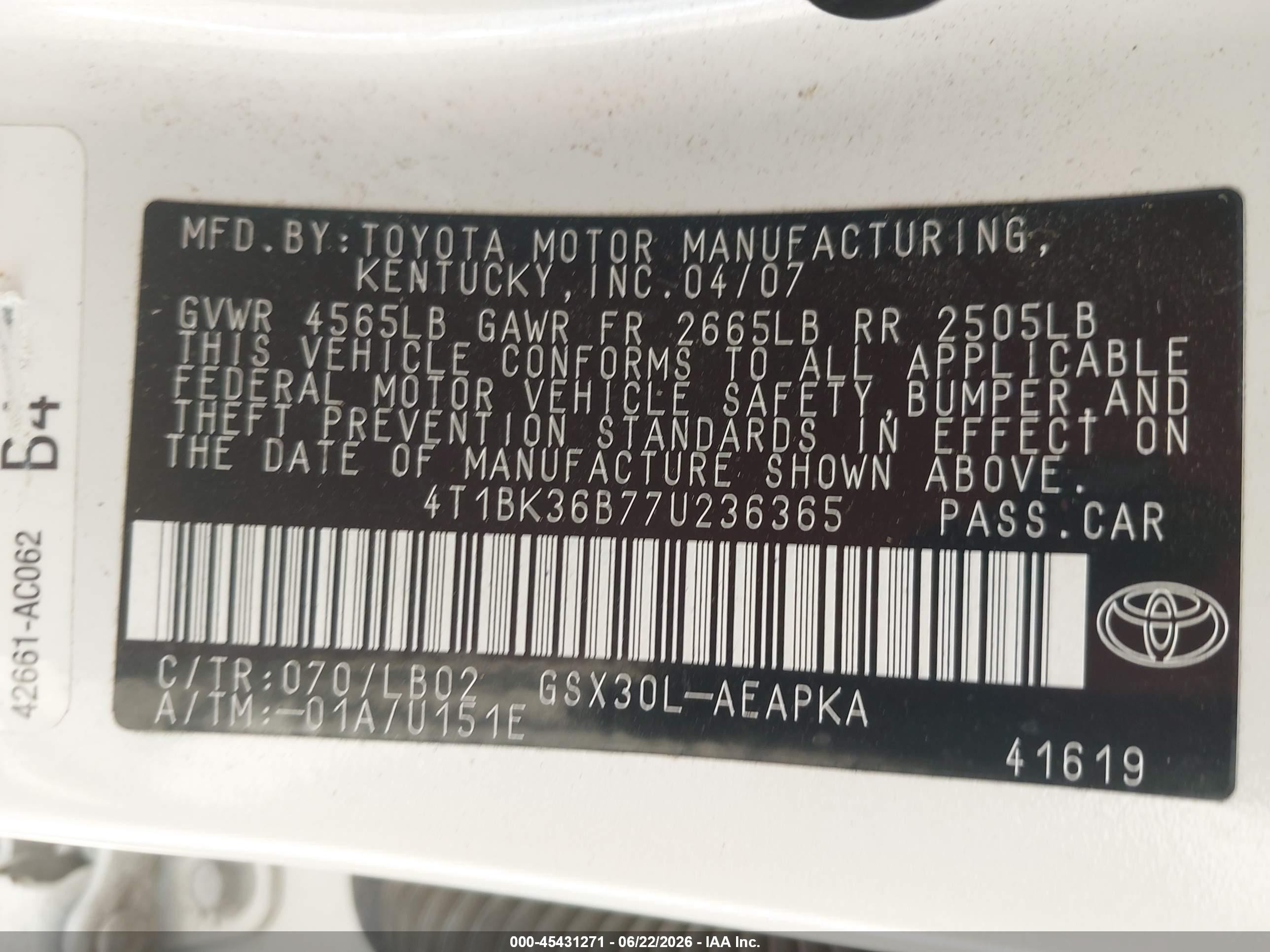 2007 Toyota Avalon Xl/xls/touring/limited White vin: 4T1BK36B77U236365