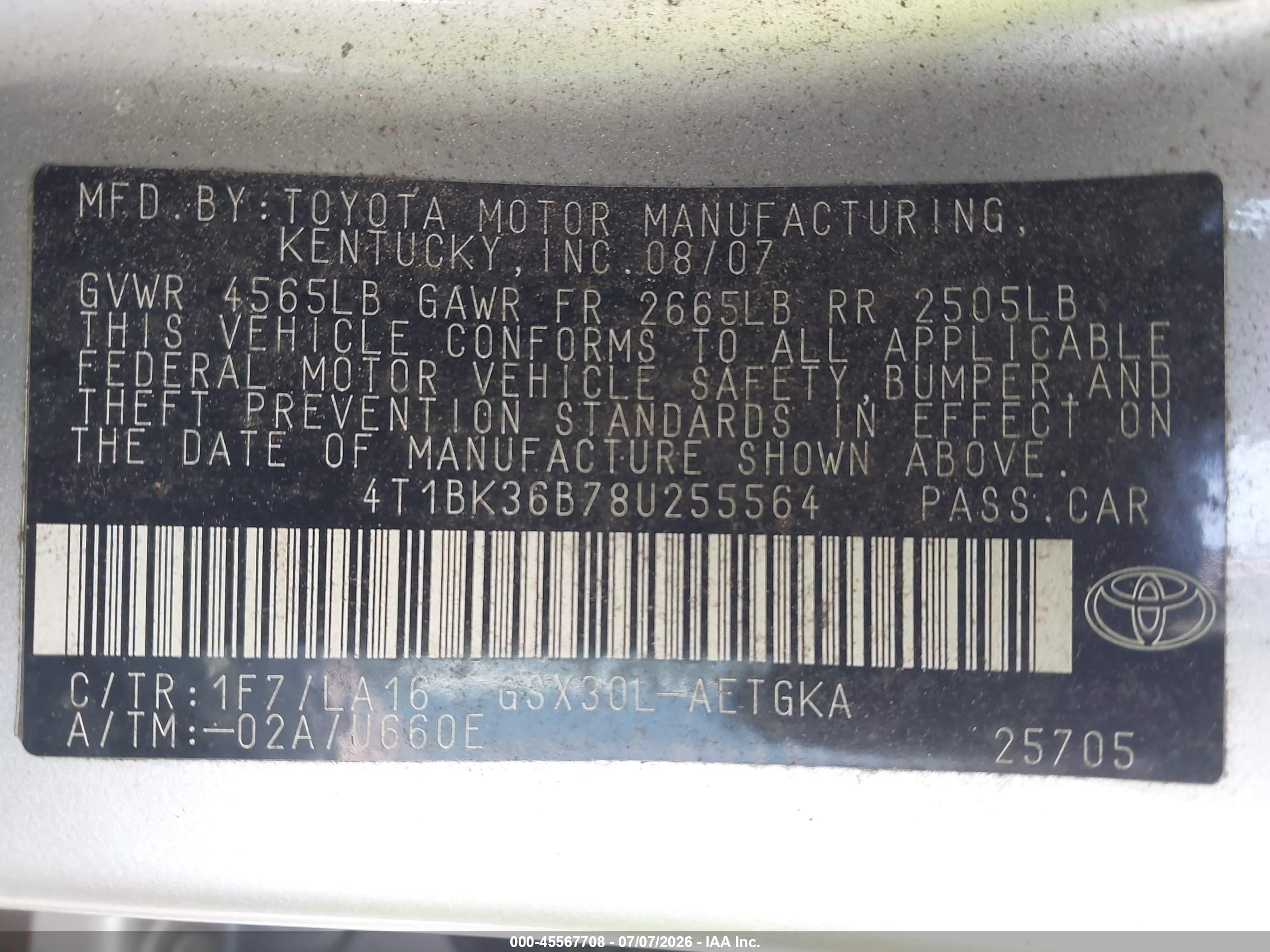 2008 Toyota Avalon Xls Silver vin: 4T1BK36B78U255564