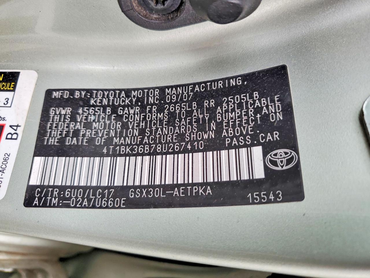 2008 Toyota Avalon Limited Green vin: 4T1BK36B78U267410