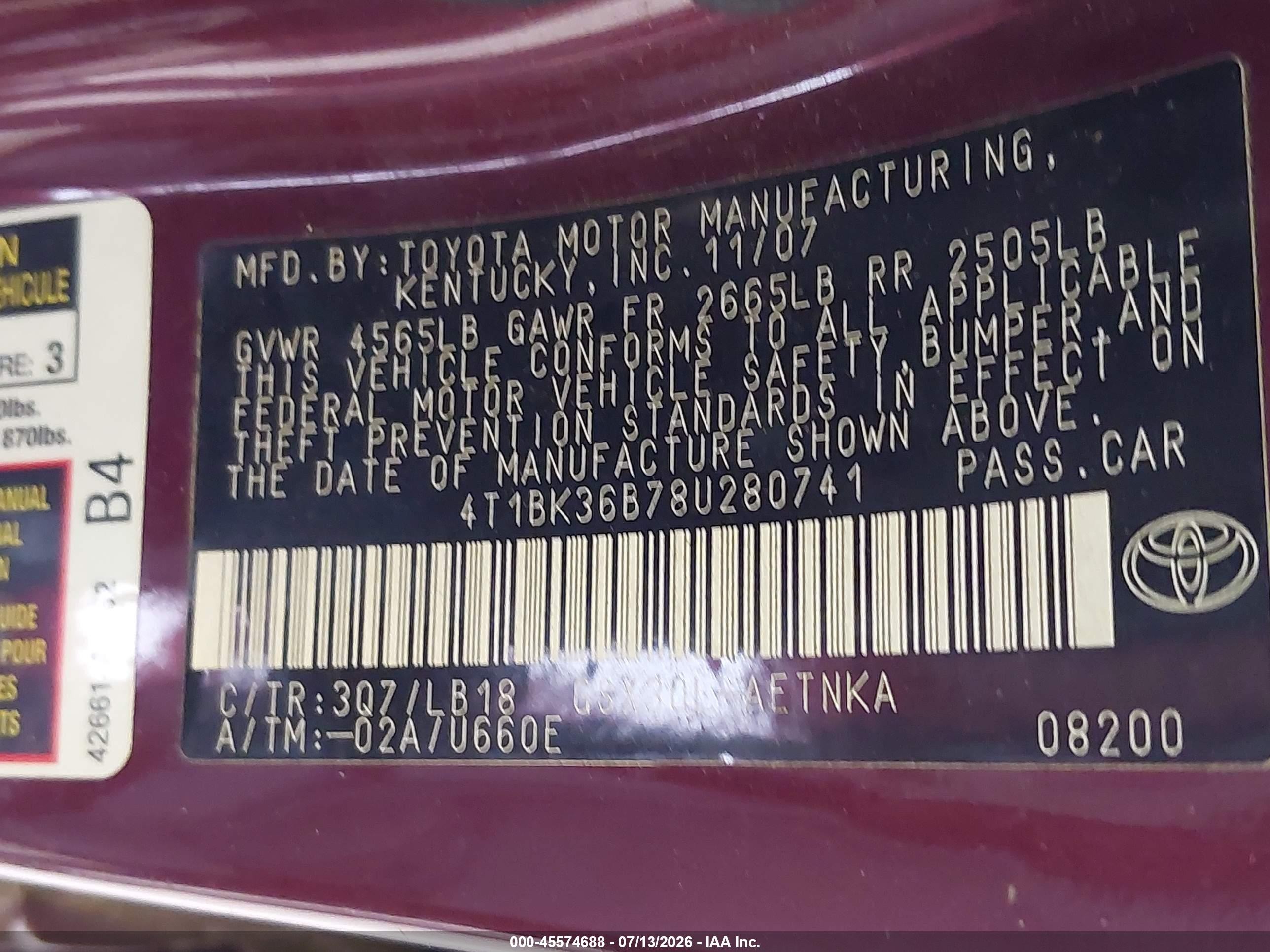 2008 Toyota Avalon Touring Burgundy vin: 4T1BK36B78U280741