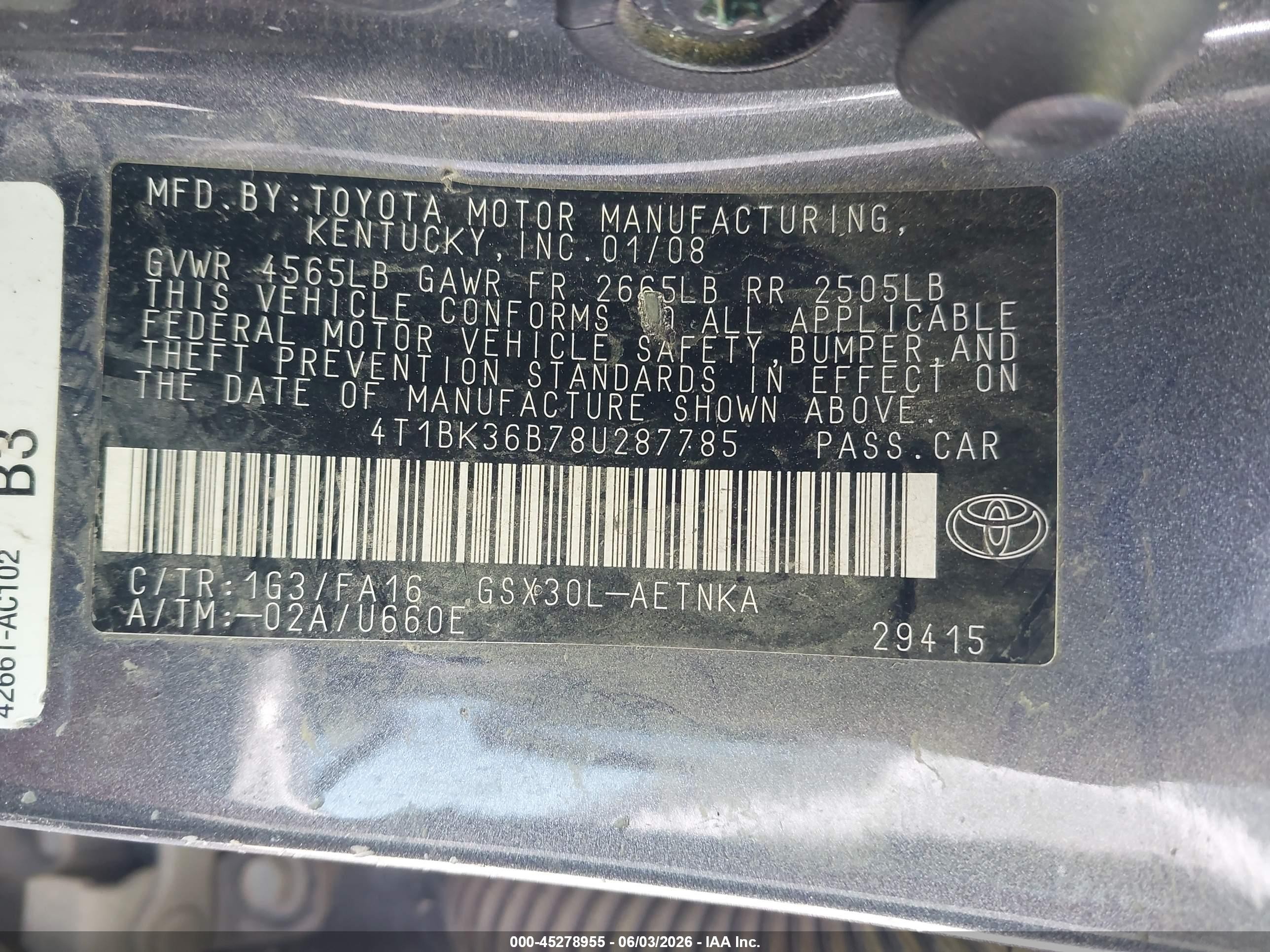 2008 Toyota Avalon Xl Gray vin: 4T1BK36B78U287785