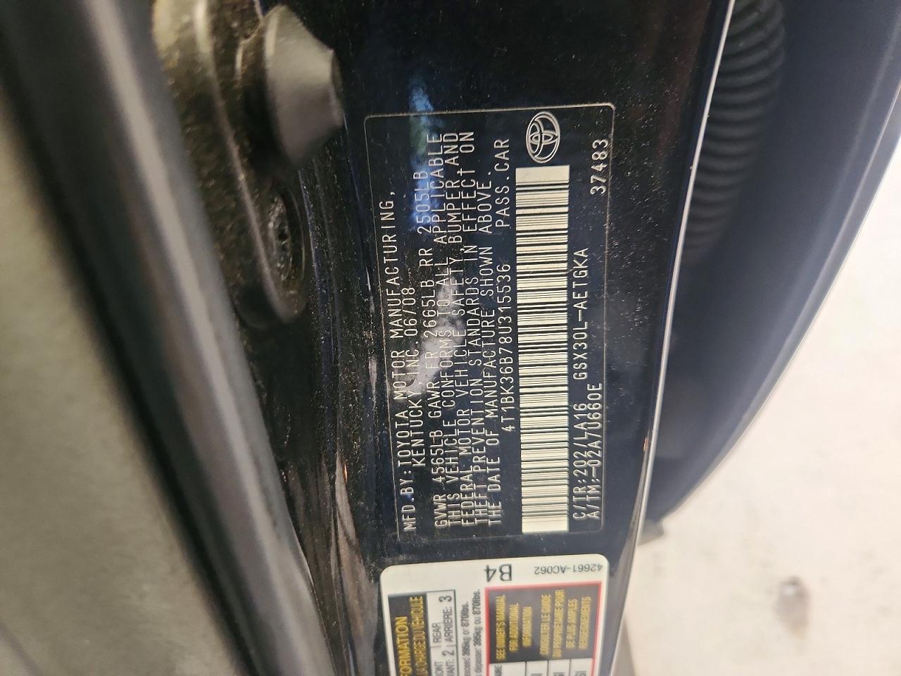 2008 Toyota Avalon Xls Black vin: 4T1BK36B78U315536