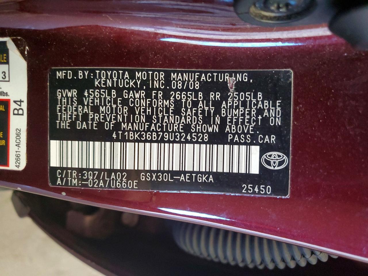 2009 Toyota Avalon Xls Burgundy vin: 4T1BK36B79U324528