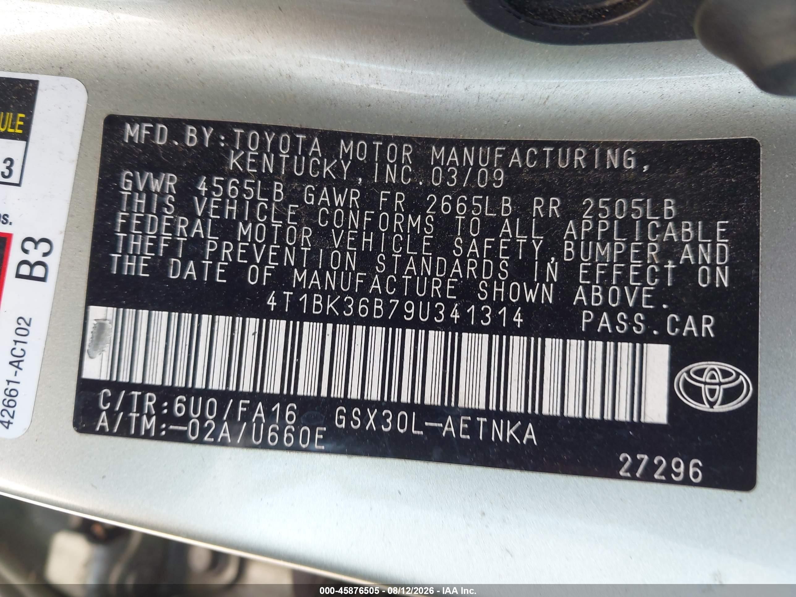 2009 Toyota Avalon Xl Green vin: 4T1BK36B79U341314