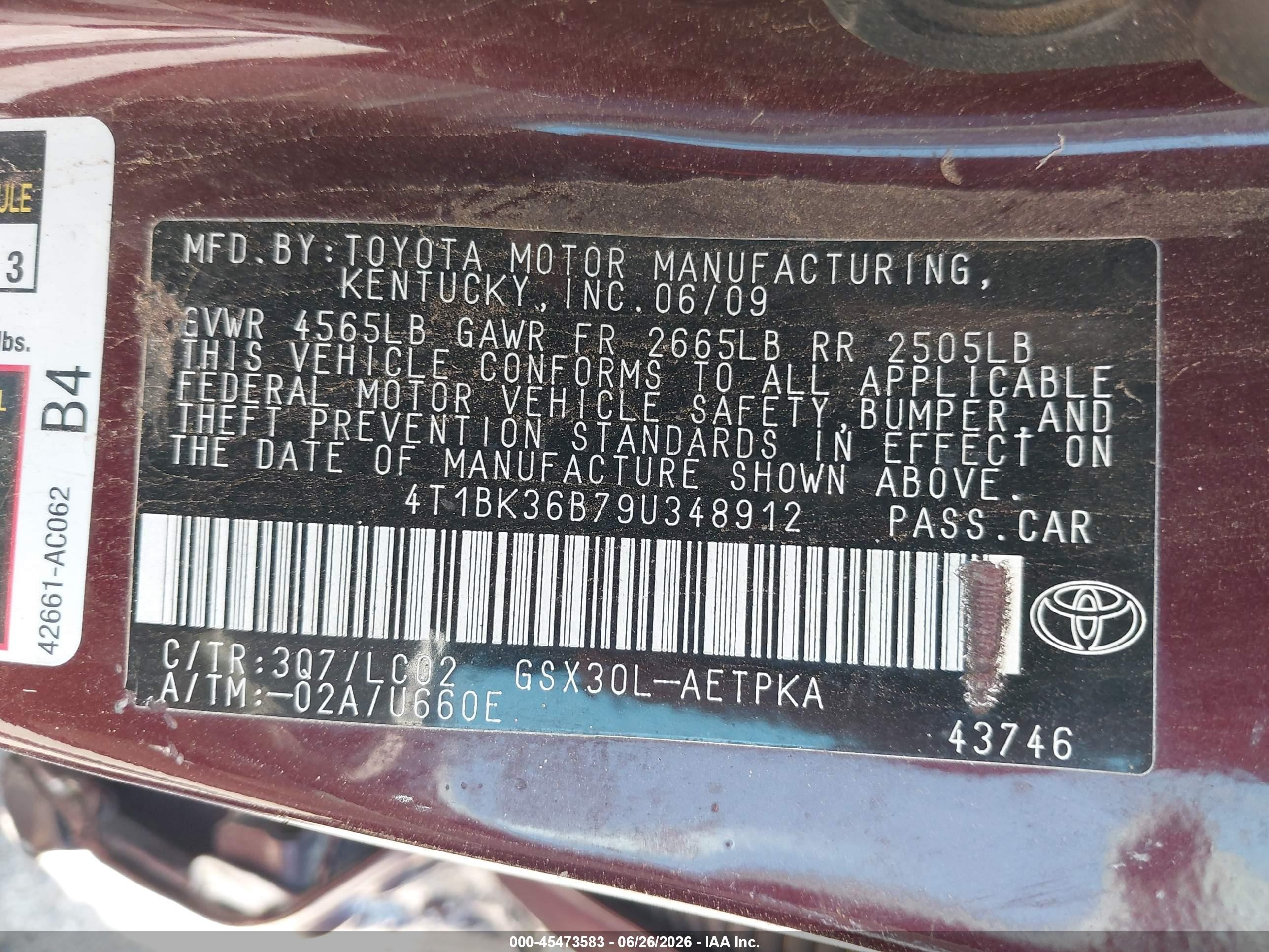 2009 Toyota Avalon Limited Burgundy vin: 4T1BK36B79U348912
