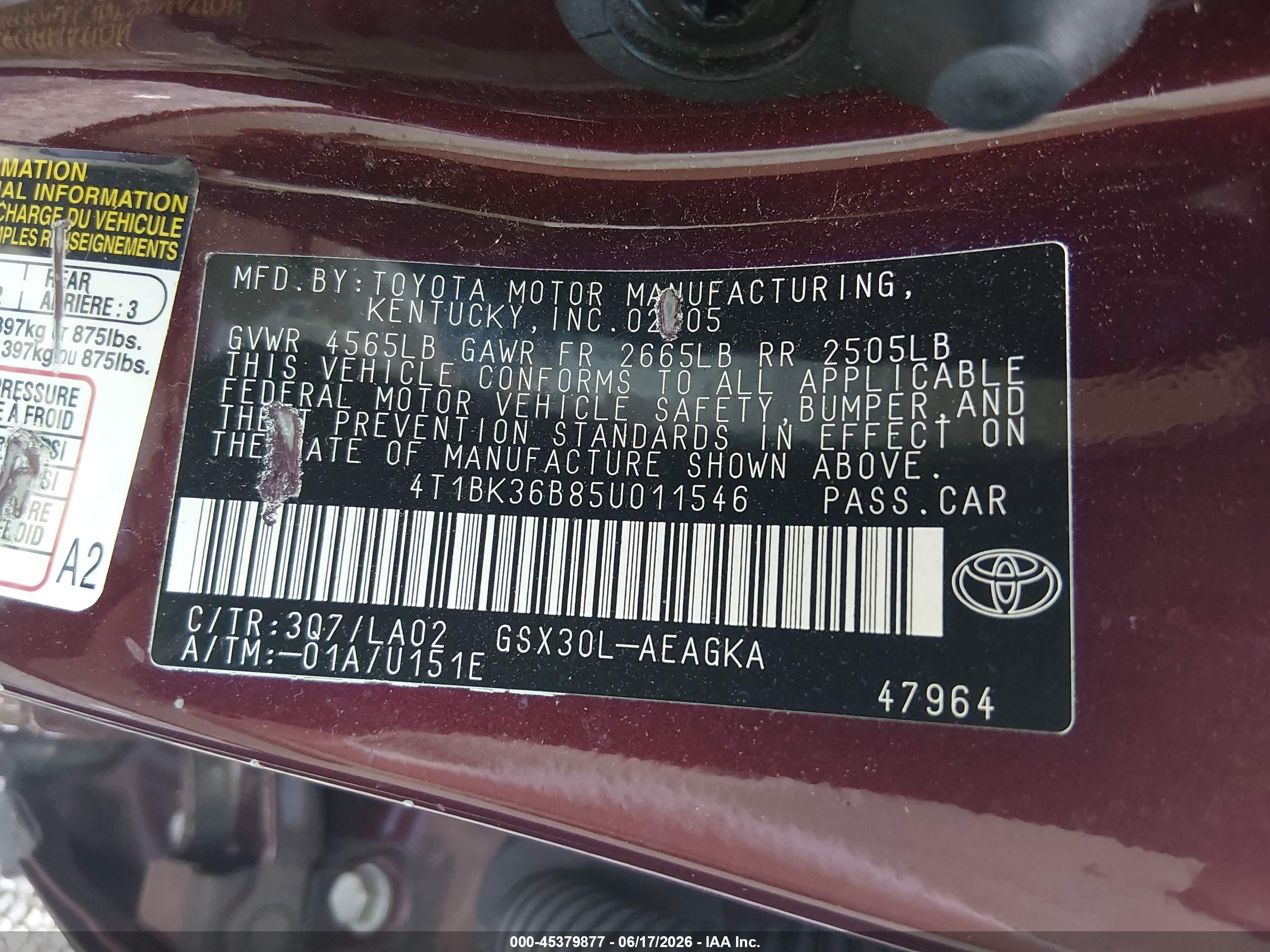 2005 Toyota Avalon Xls Burgundy vin: 4T1BK36B85U011546