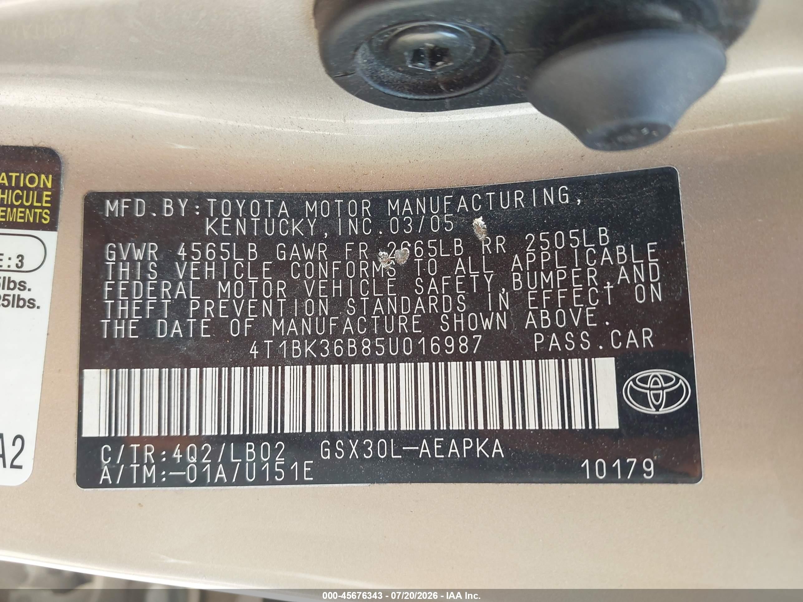 2005 Toyota Avalon Limited Золотой vin: 4T1BK36B85U016987