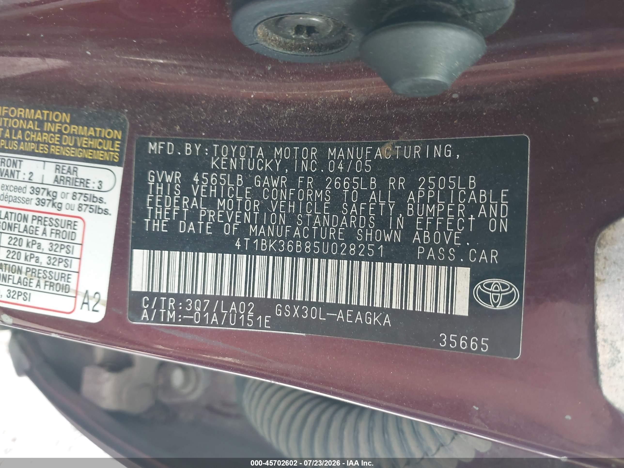 2005 Toyota Avalon Xls Burgundy vin: 4T1BK36B85U028251