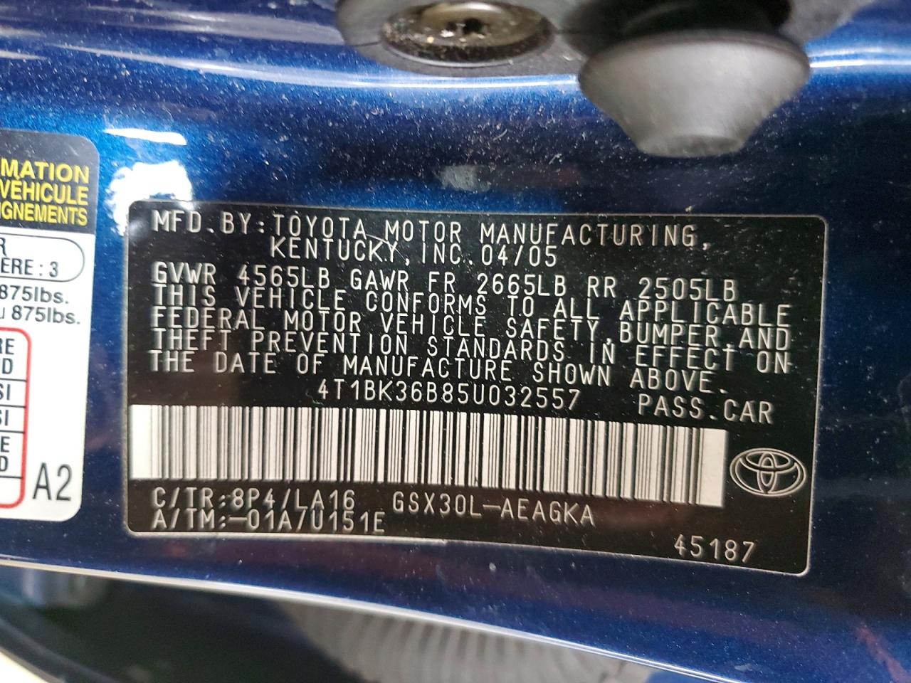 2005 Toyota Avalon Xls Blue vin: 4T1BK36B85U032557