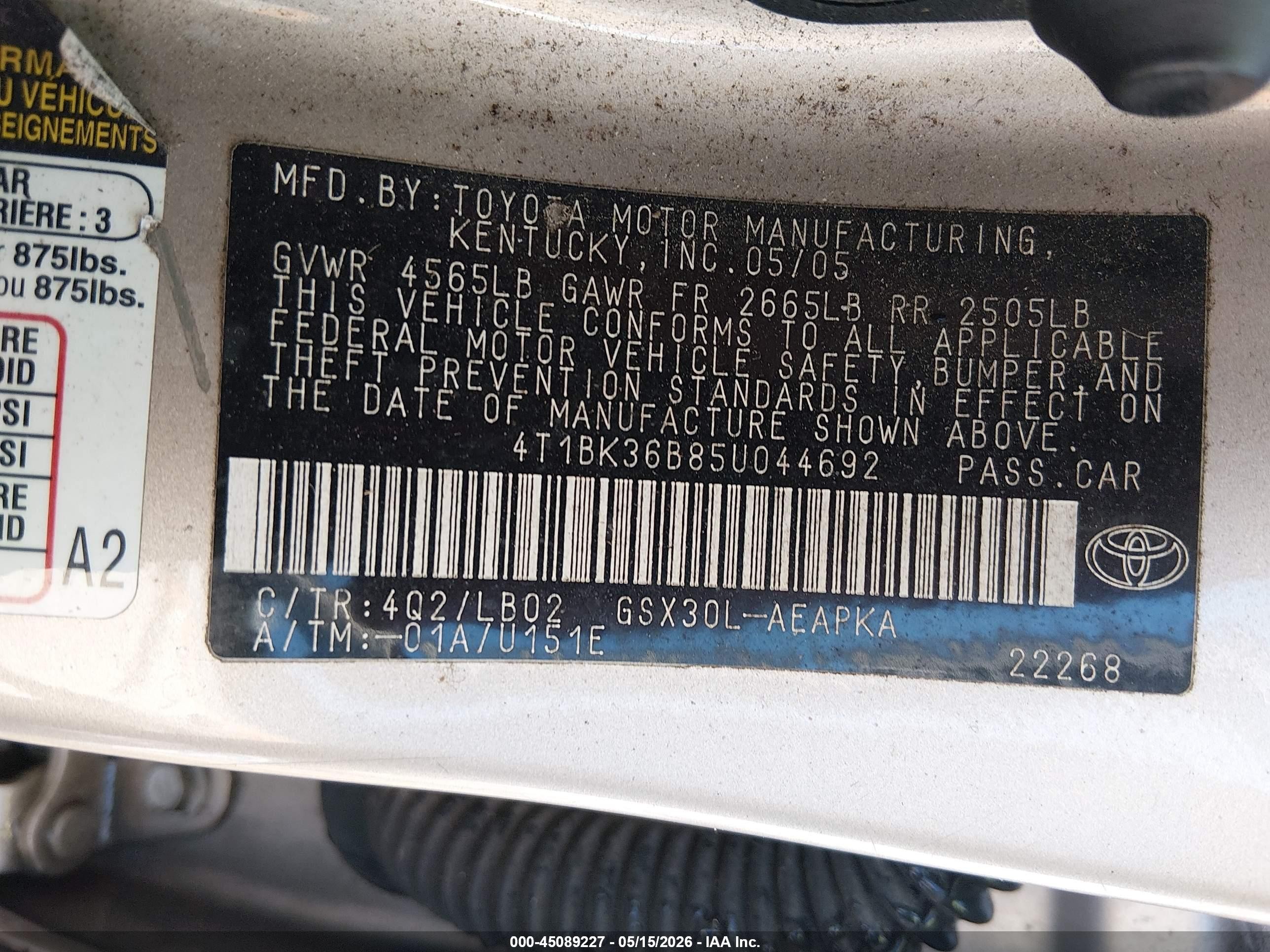 2005 Toyota Avalon Limited Gold vin: 4T1BK36B85U044692