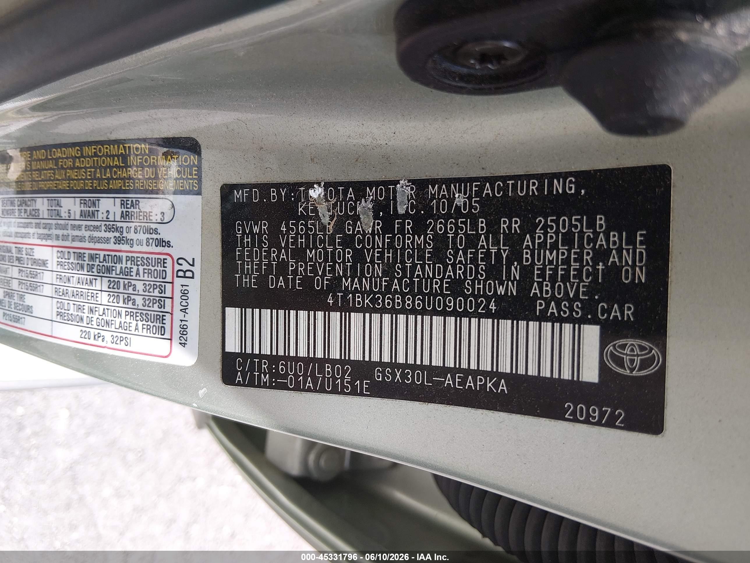 2006 Toyota Avalon Limited Green vin: 4T1BK36B86U090024