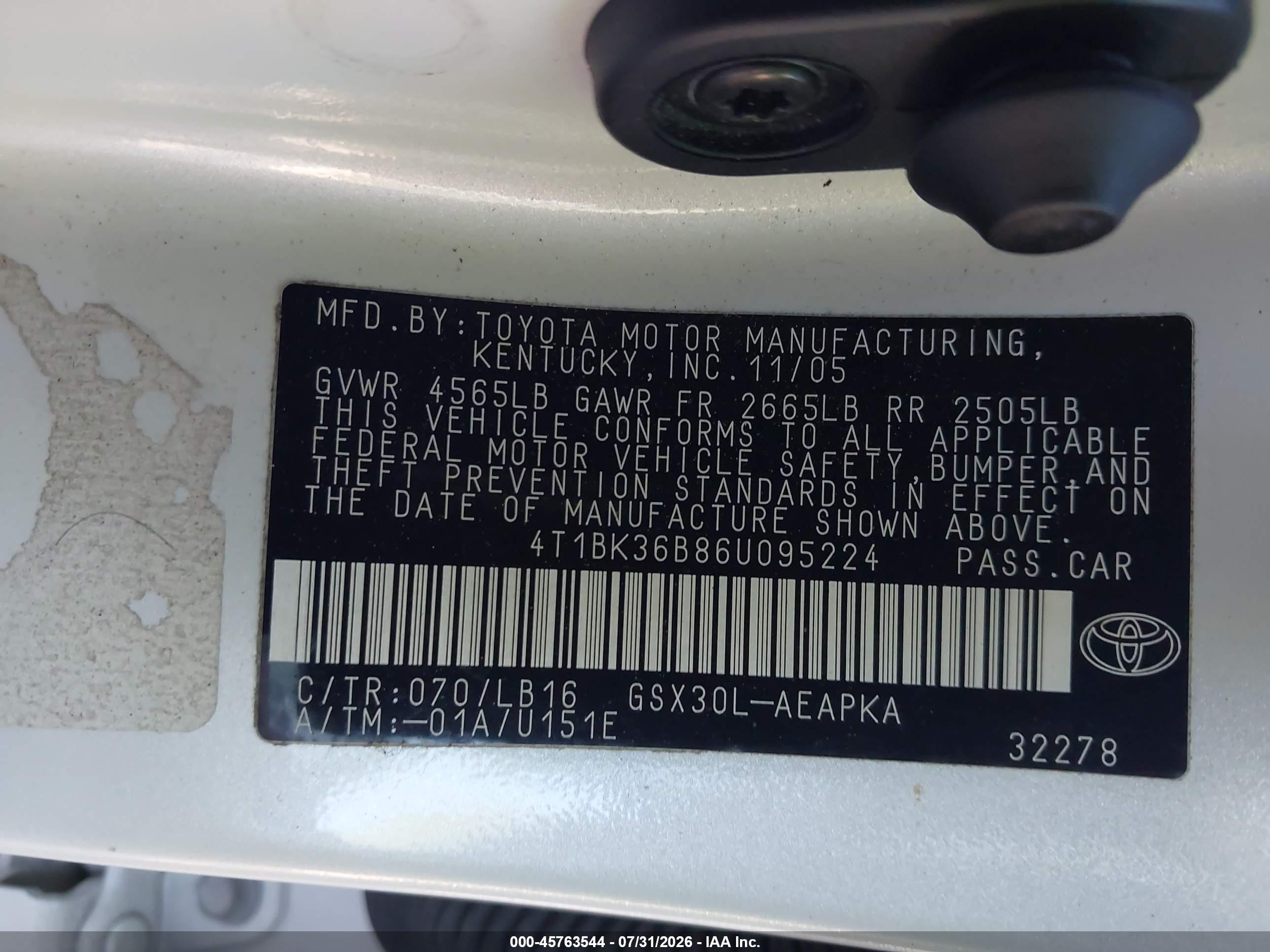2006 Toyota Avalon Limited White vin: 4T1BK36B86U095224