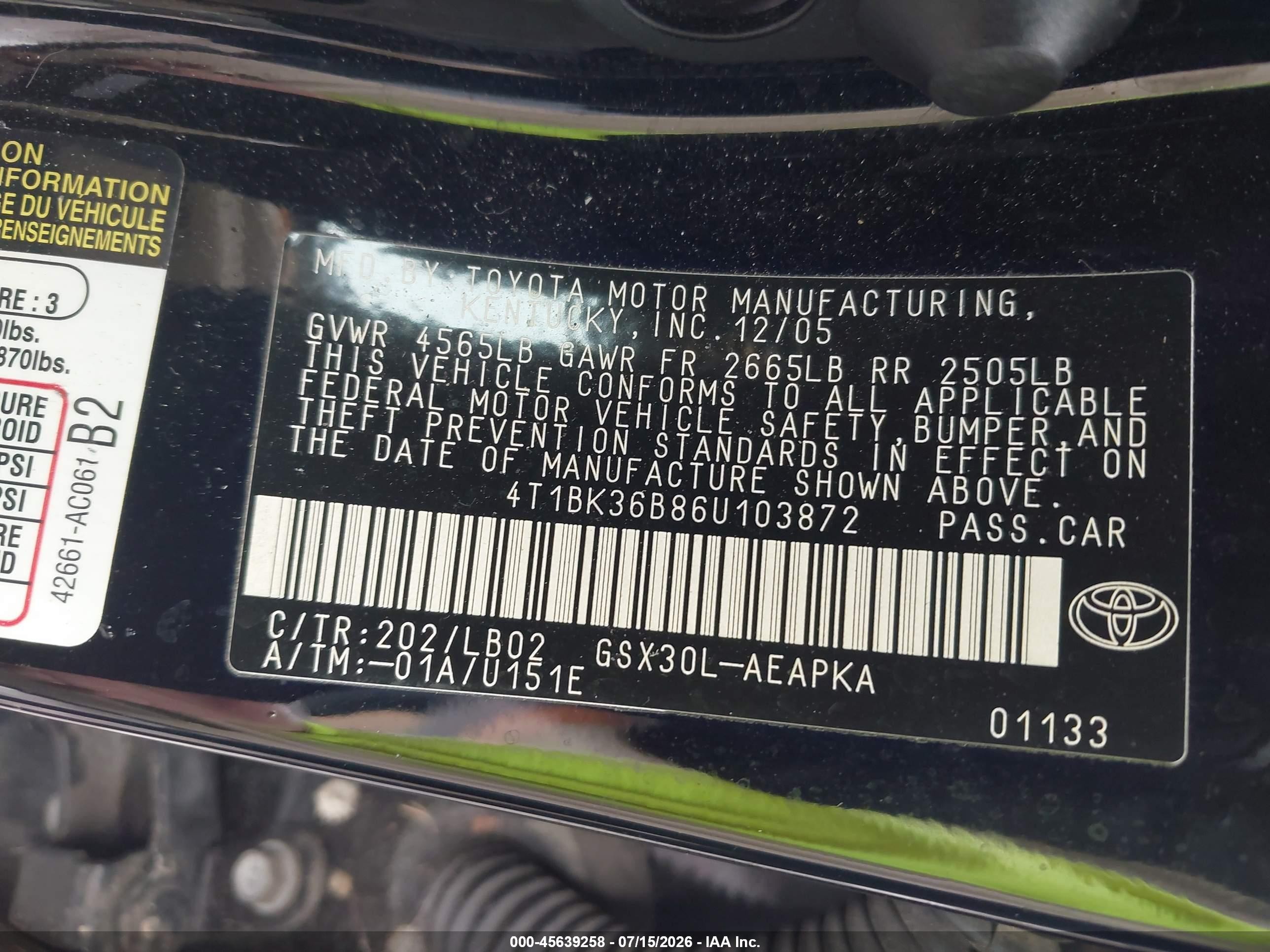 2006 Toyota Avalon Limited Black vin: 4T1BK36B86U103872