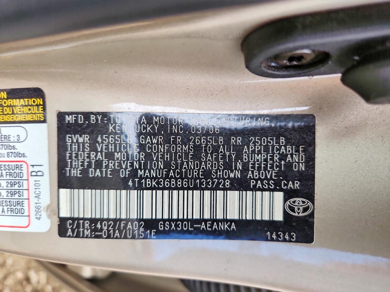 2006 Toyota Avalon Xl Gold vin: 4T1BK36B86U133728