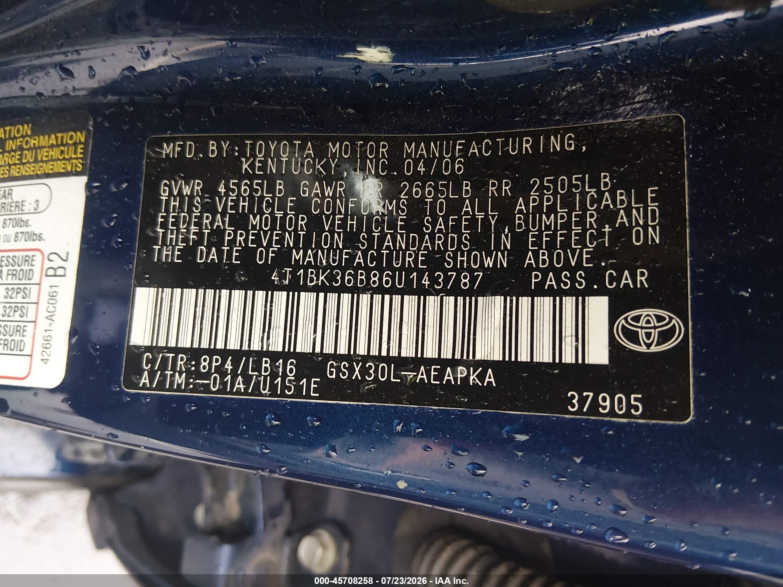 2006 Toyota Avalon Limited Blue vin: 4T1BK36B86U143787