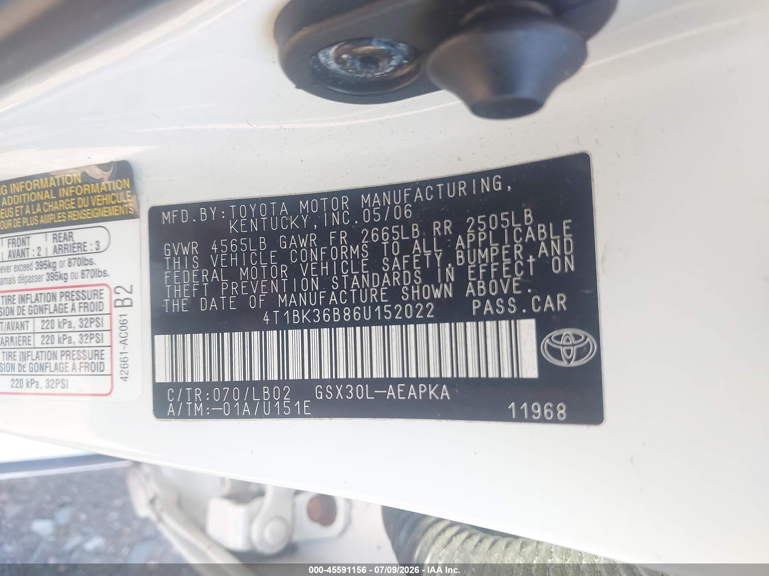 2006 Toyota Avalon Limited White vin: 4T1BK36B86U152022