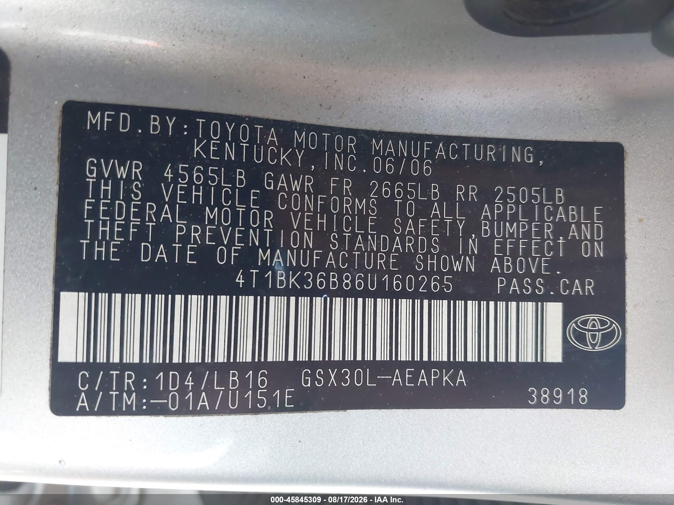 2006 Toyota Avalon Limited Серый vin: 4T1BK36B86U160265