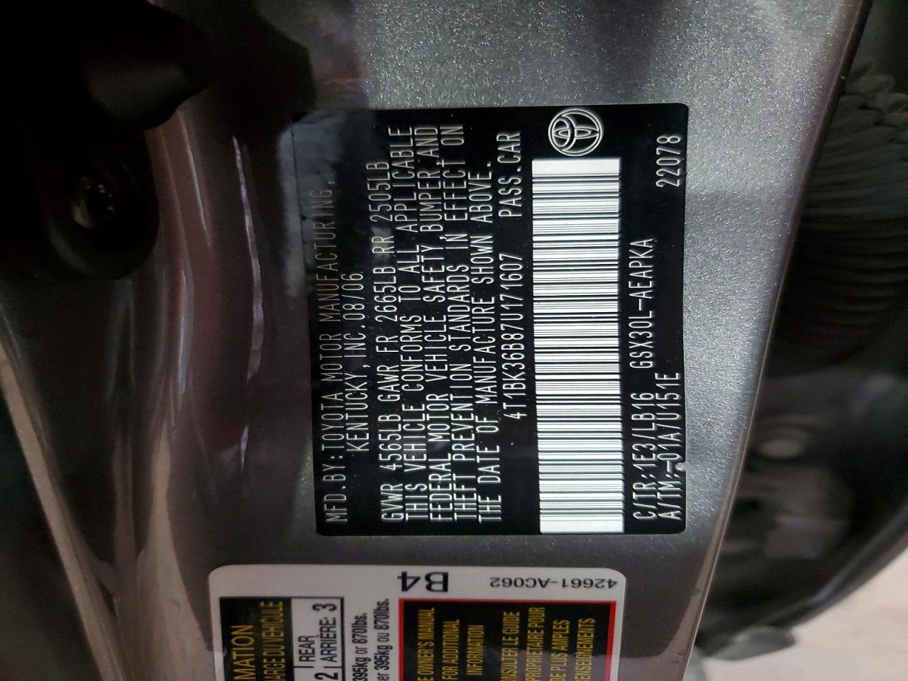 2007 Toyota Avalon Limited Gray vin: 4T1BK36B87U171607
