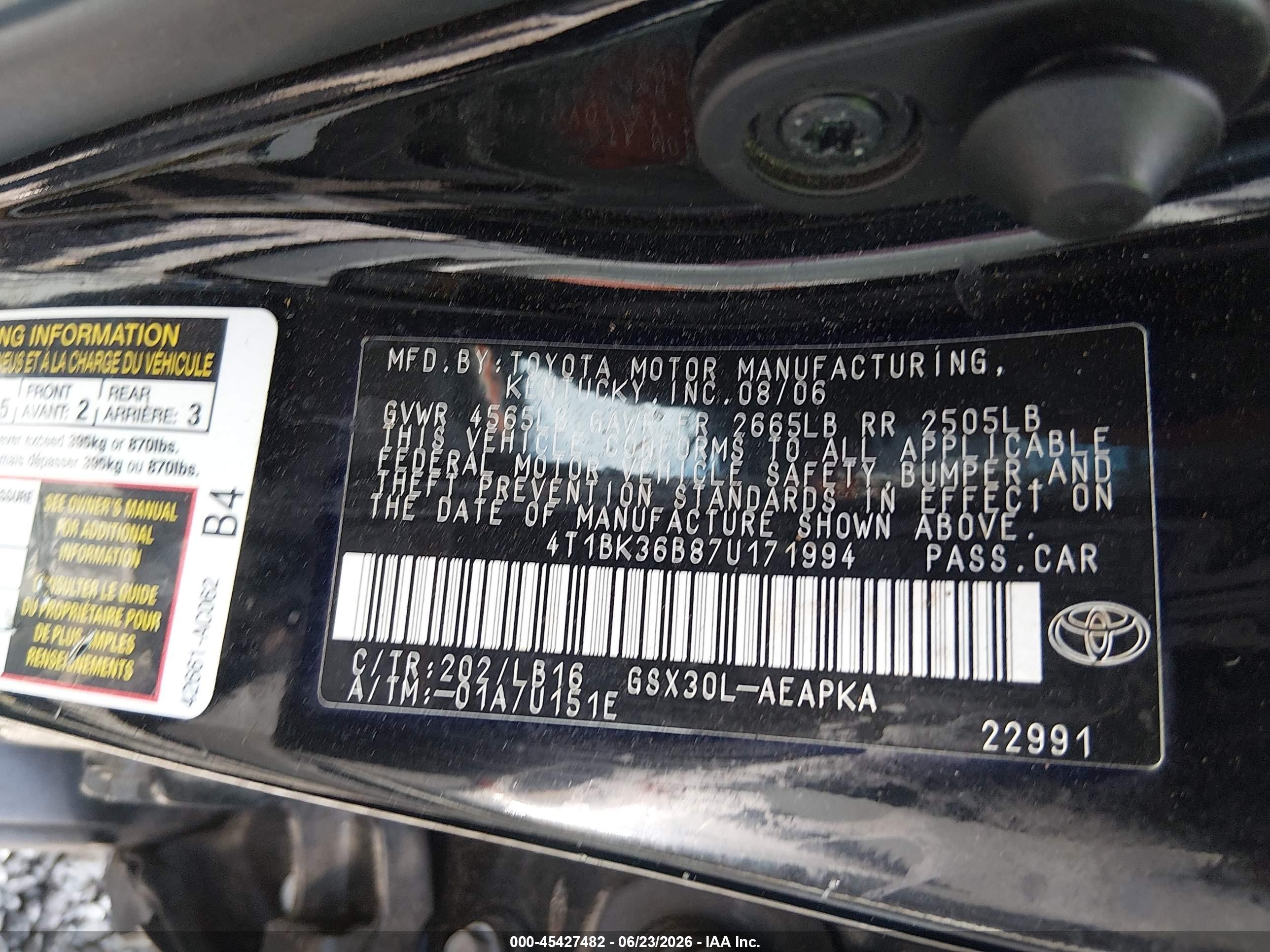2007 Toyota Avalon Limited Black vin: 4T1BK36B87U171994