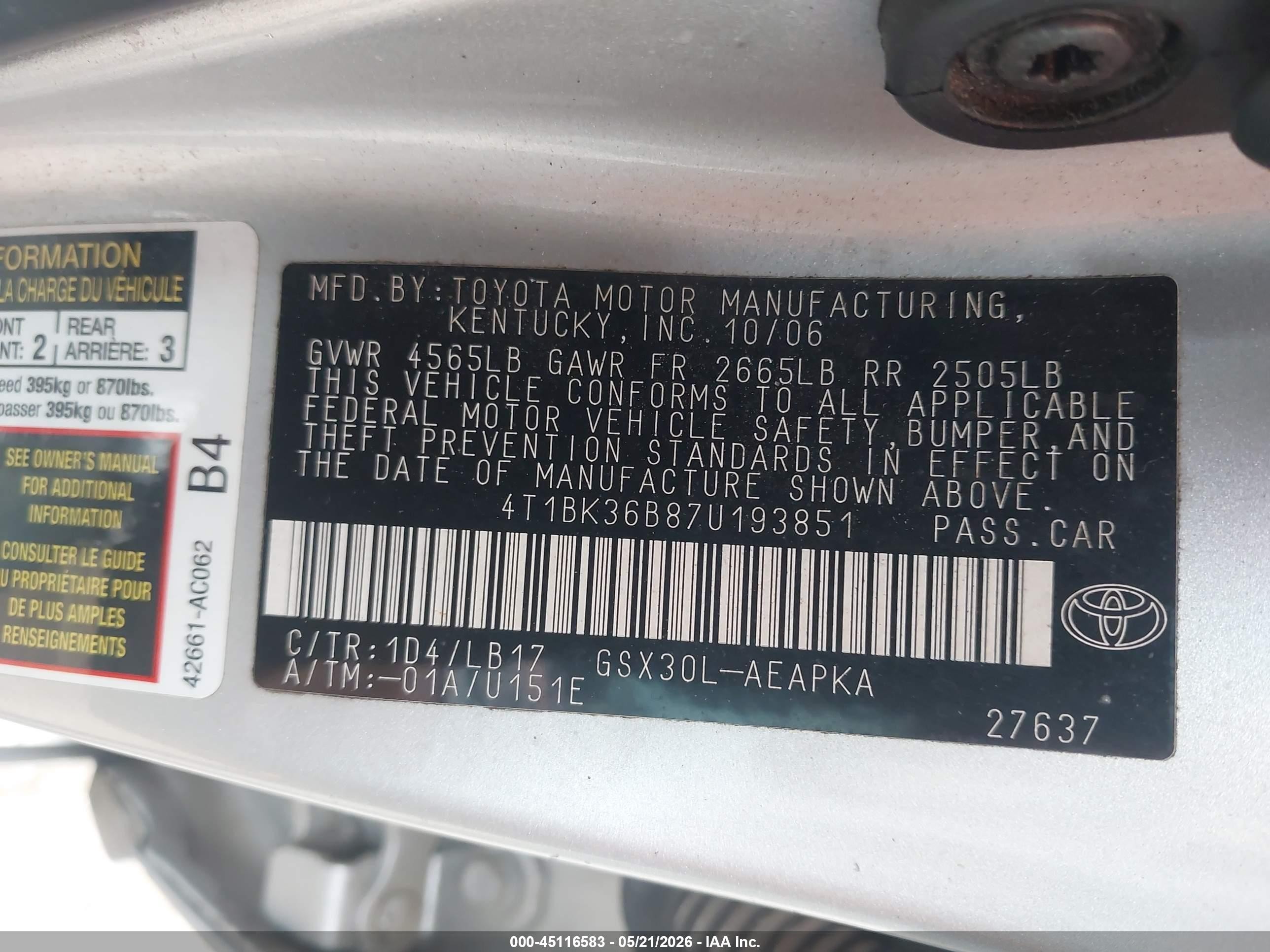 2007 Toyota Avalon Limited Silver vin: 4T1BK36B87U193851
