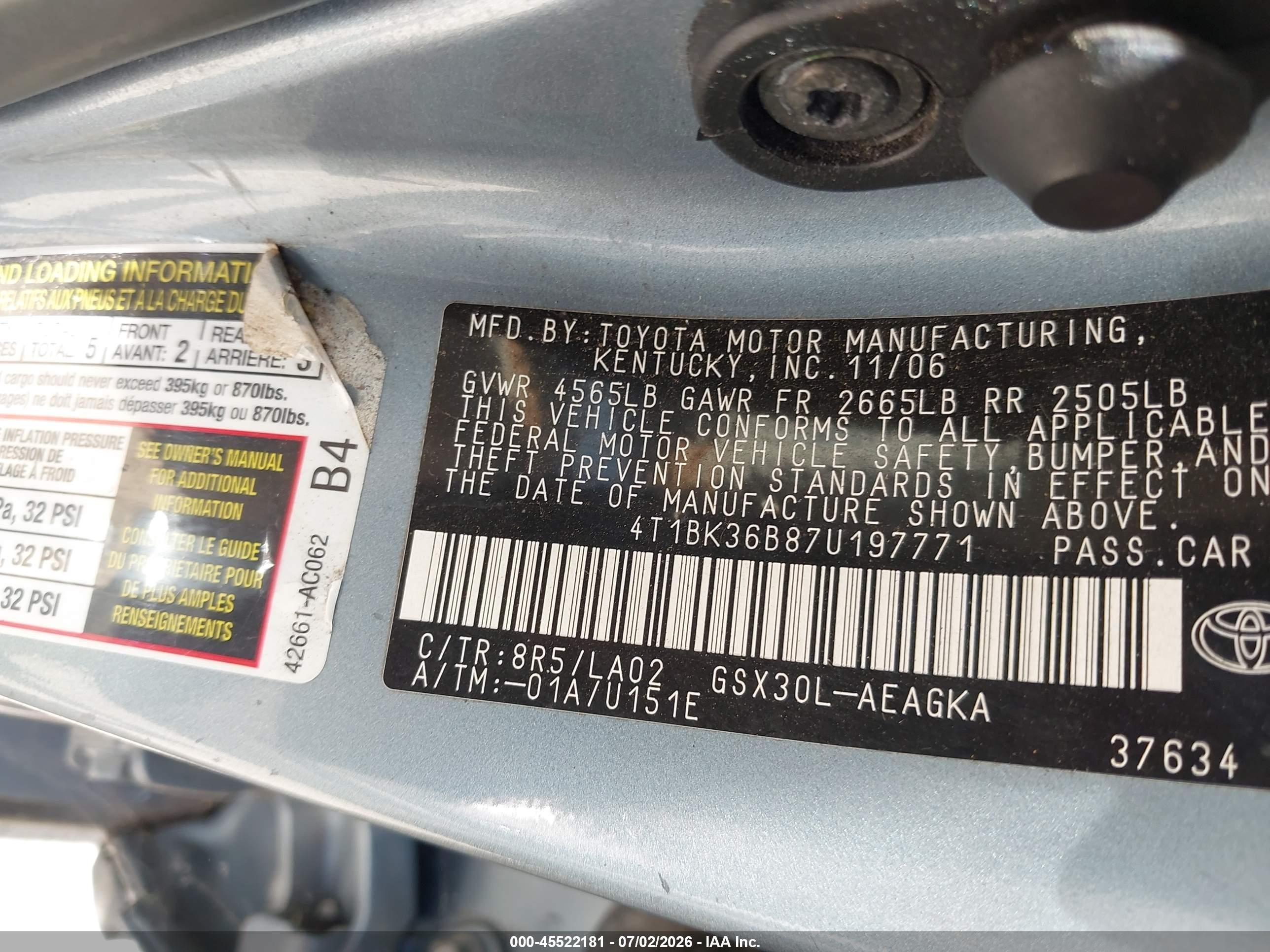 2007 Toyota Avalon Xls Light Blue vin: 4T1BK36B87U197771