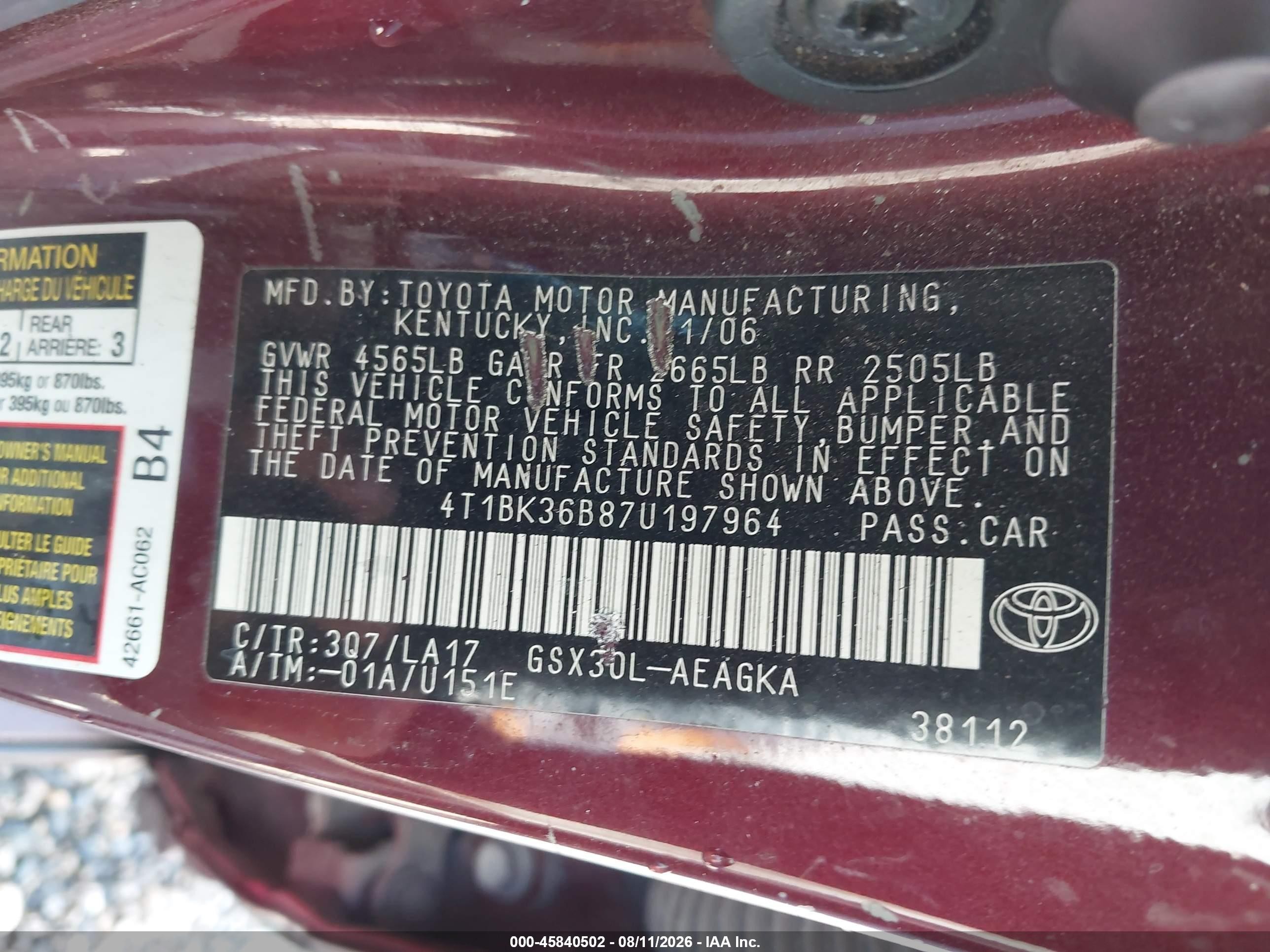 2007 Toyota Avalon Xls Бордовый vin: 4T1BK36B87U197964