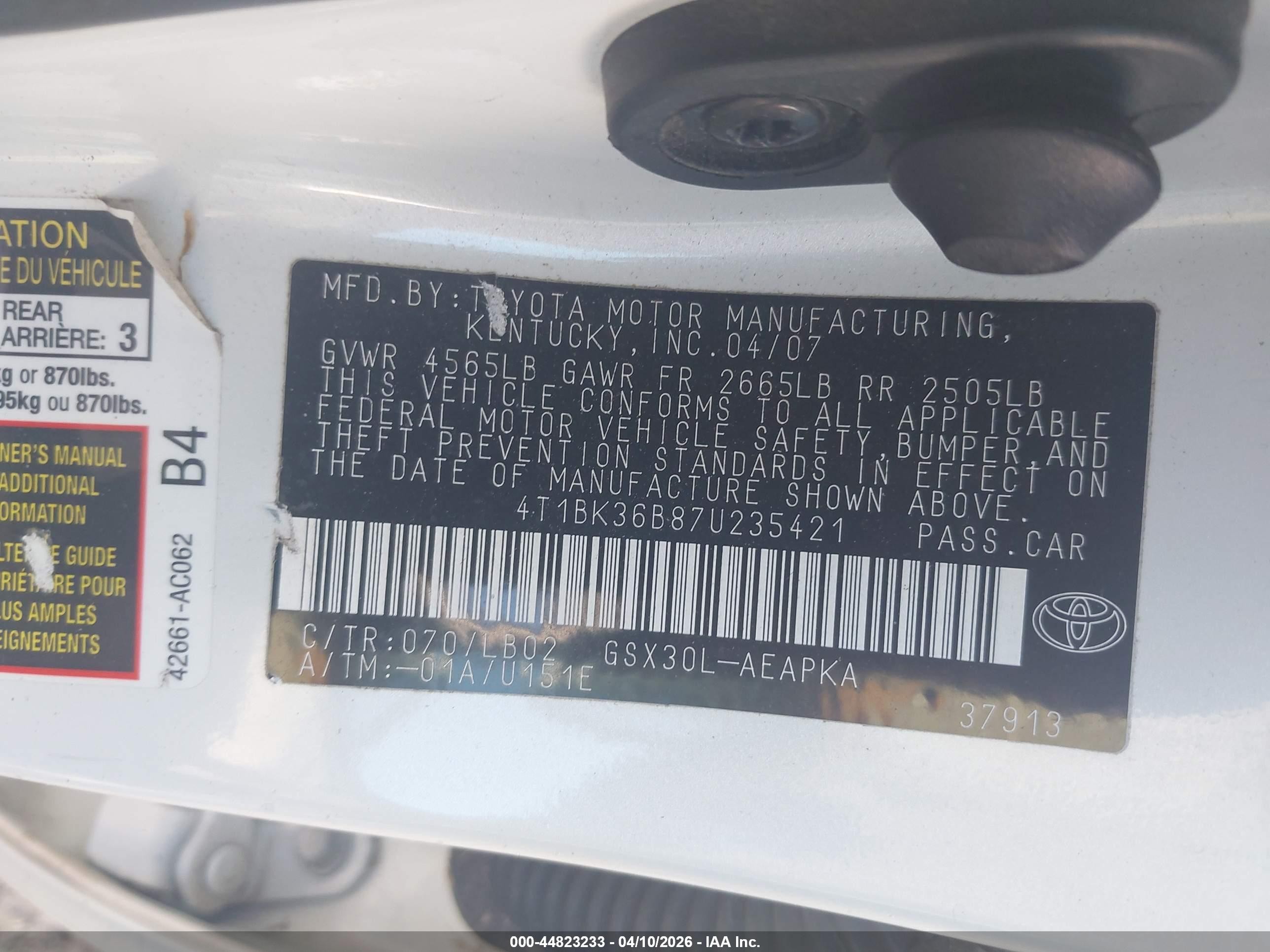 2007 Toyota Avalon Limited White vin: 4T1BK36B87U235421