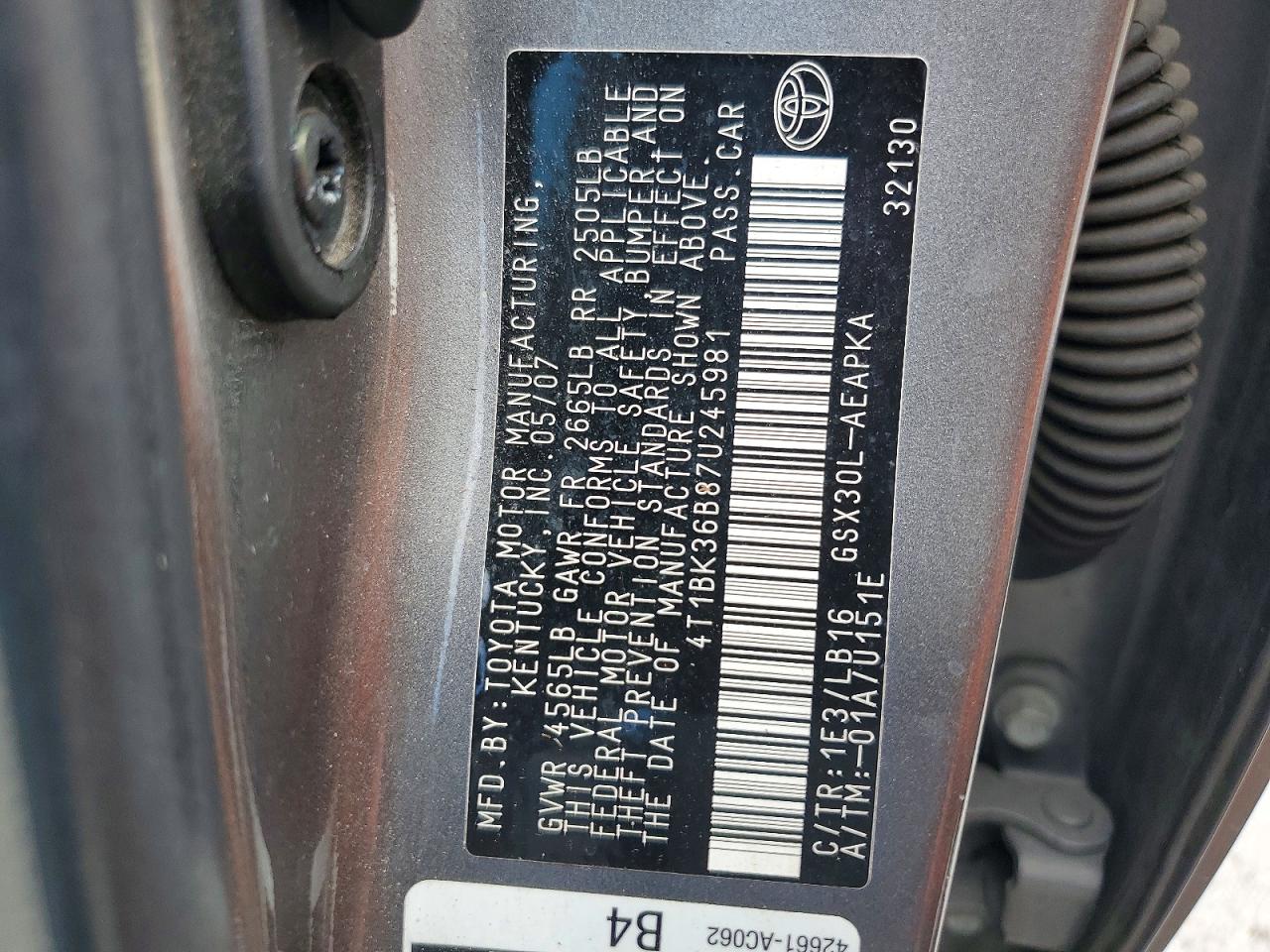 2007 Toyota Avalon Limited Gray vin: 4T1BK36B87U245981