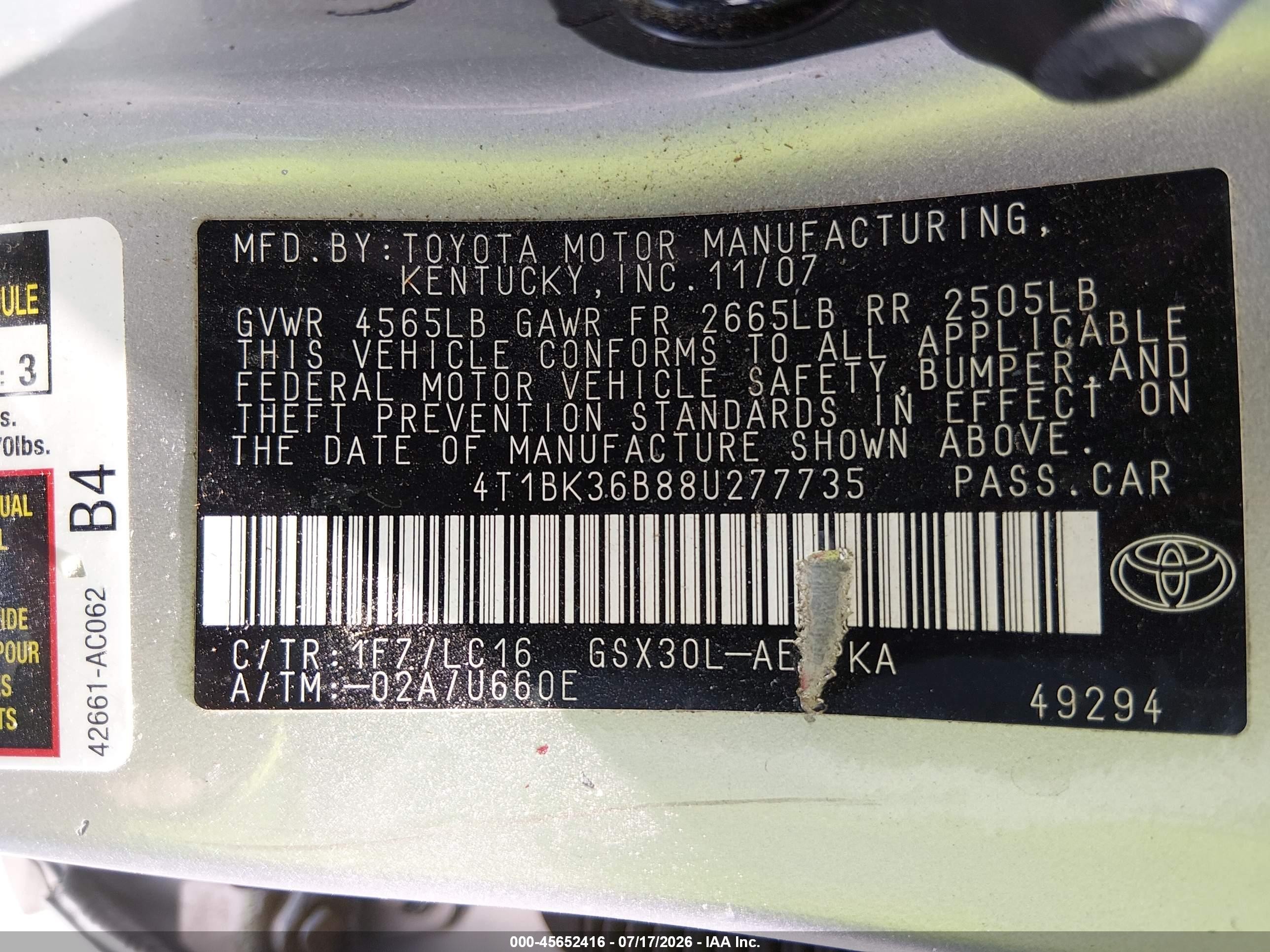 2008 Toyota Avalon Limited Silver vin: 4T1BK36B88U277735
