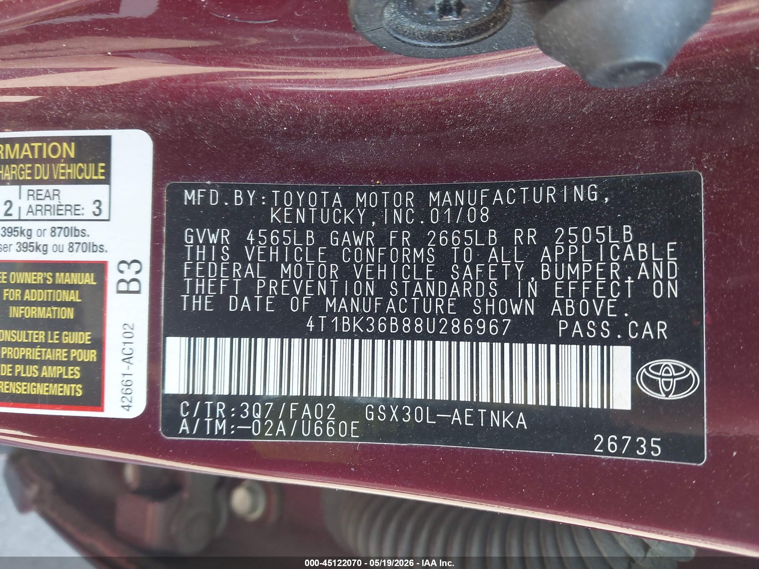 2008 Toyota Avalon Xl Maroon vin: 4T1BK36B88U286967