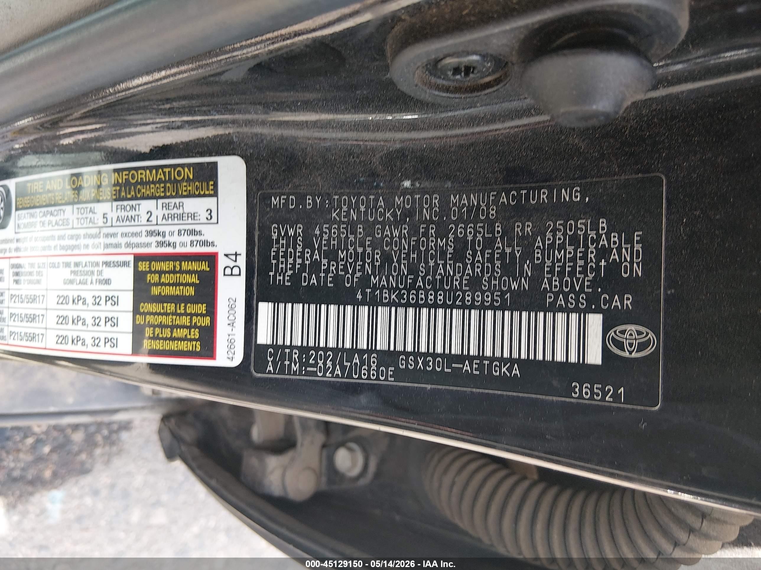 2008 Toyota Avalon Xls Gray vin: 4T1BK36B88U289951