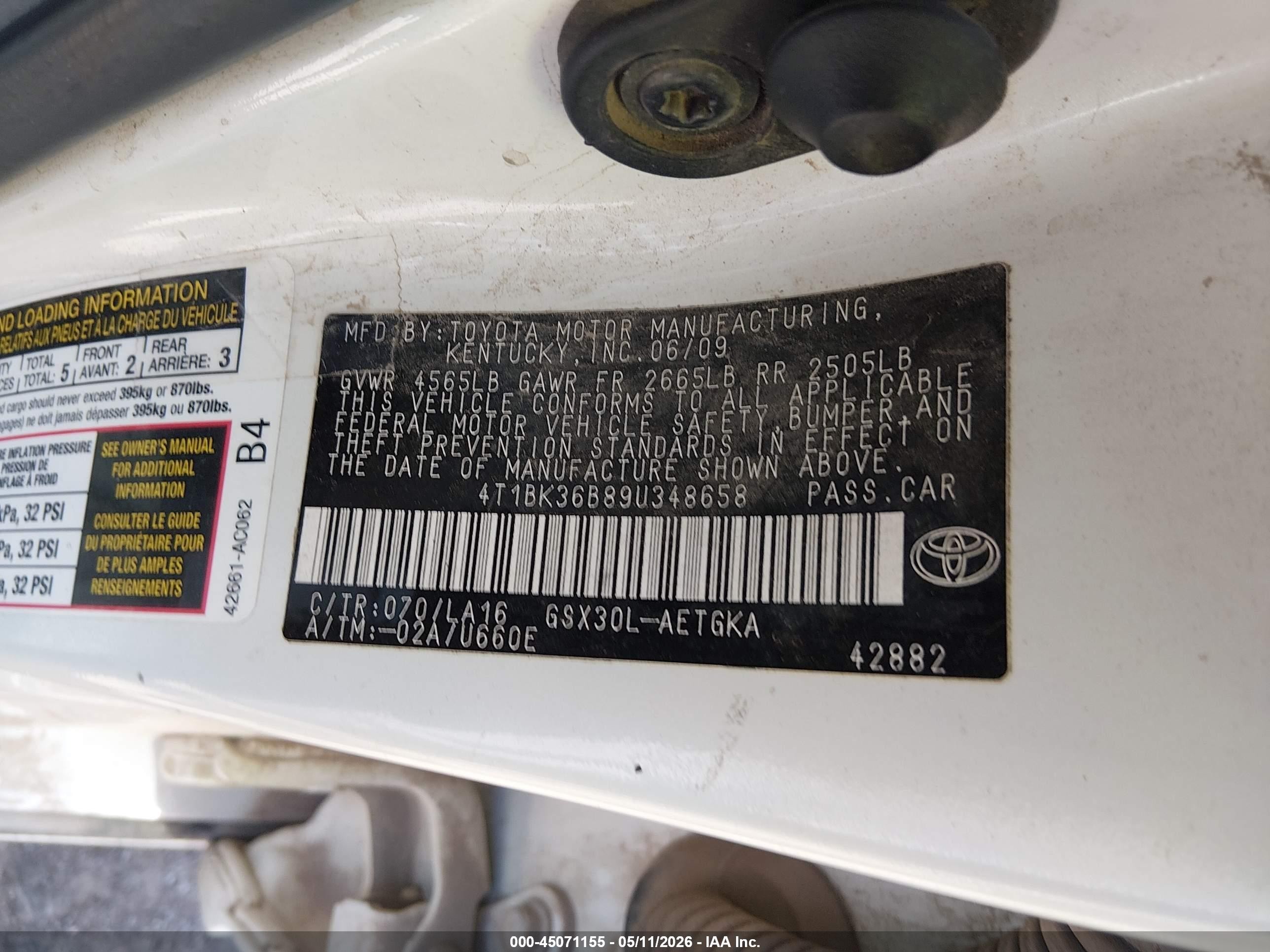 2009 Toyota Avalon Xls White vin: 4T1BK36B89U348658