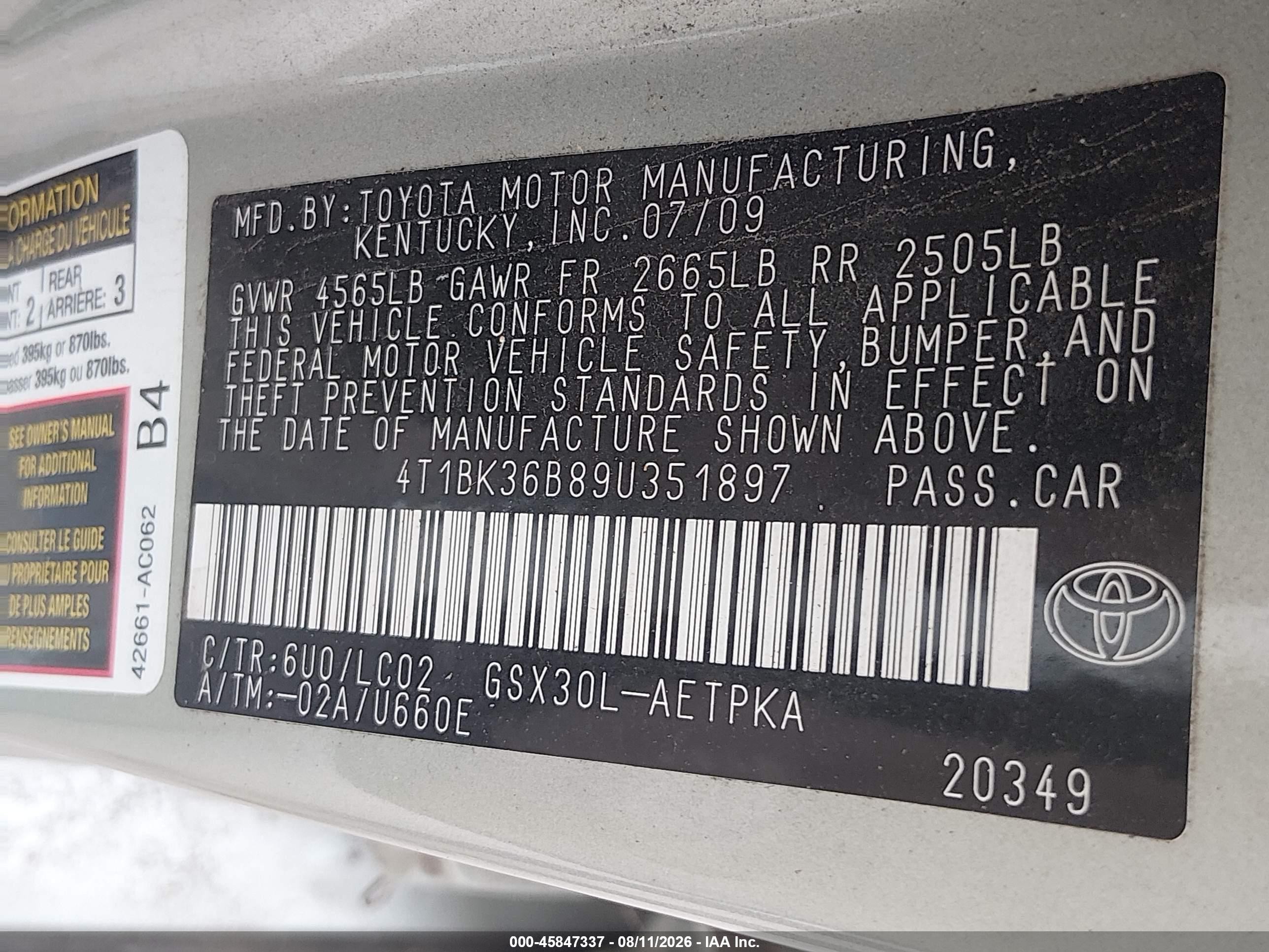 2009 Toyota Avalon Limited Зеленый vin: 4T1BK36B89U351897