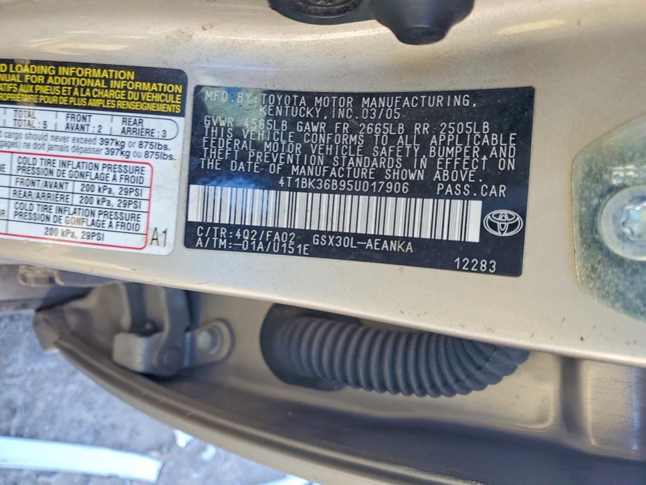 2005 Toyota Avalon Xl Gold vin: 4T1BK36B95U017906