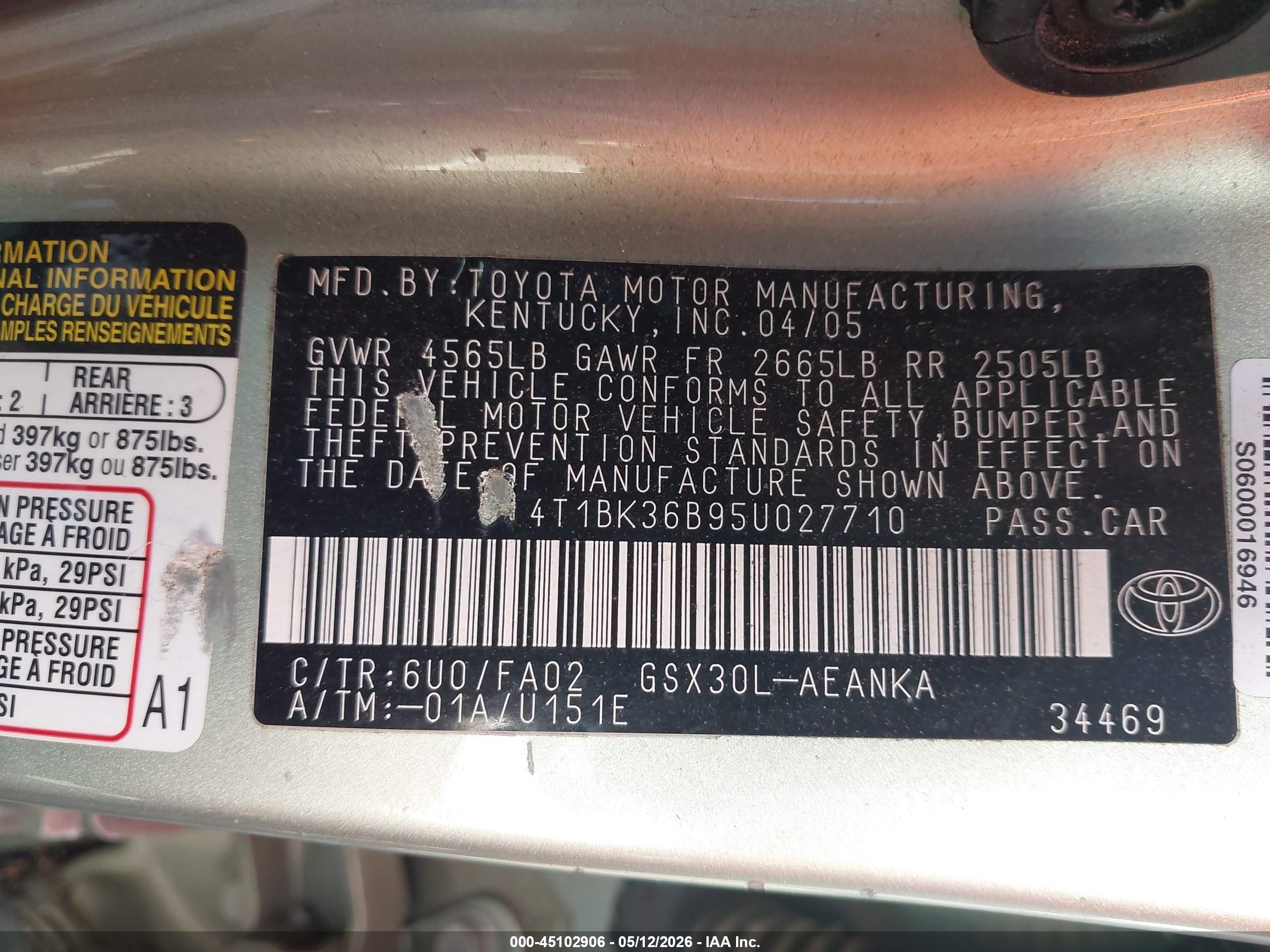 2005 Toyota Avalon Xl Green vin: 4T1BK36B95U027710