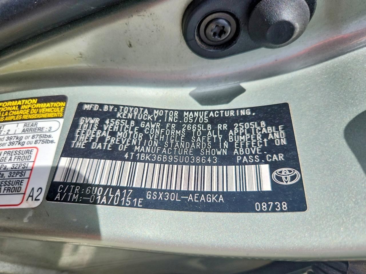 2005 Toyota Avalon Xls Green vin: 4T1BK36B95U038643