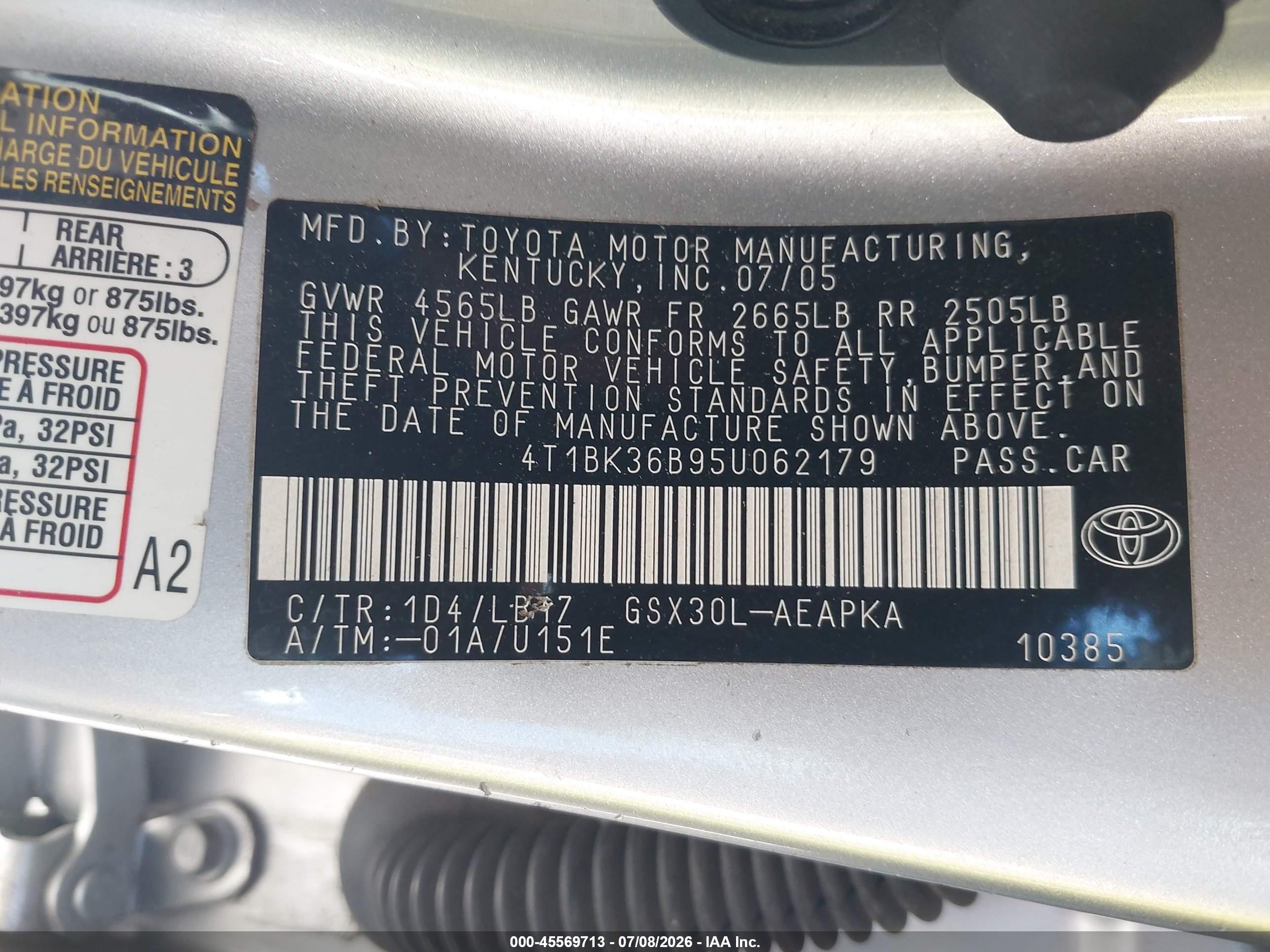 2005 Toyota Avalon Limited Silver vin: 4T1BK36B95U062179