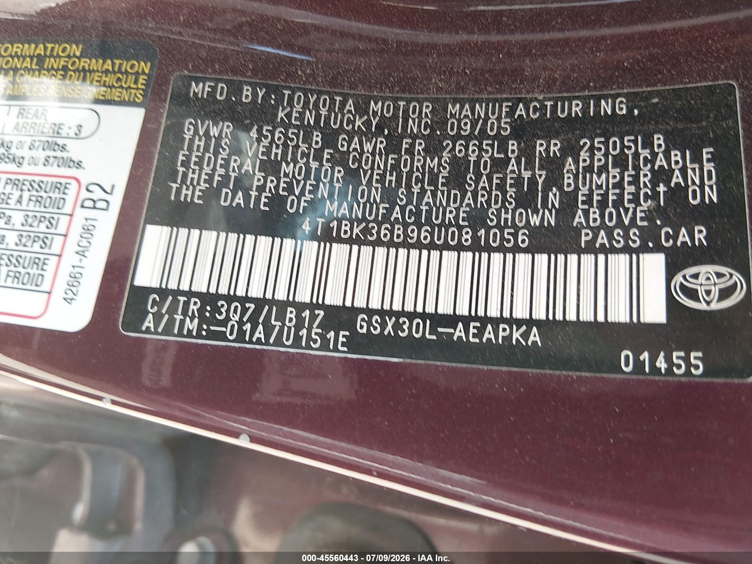 2006 Toyota Avalon Limited Темно-бордовый vin: 4T1BK36B96U081056