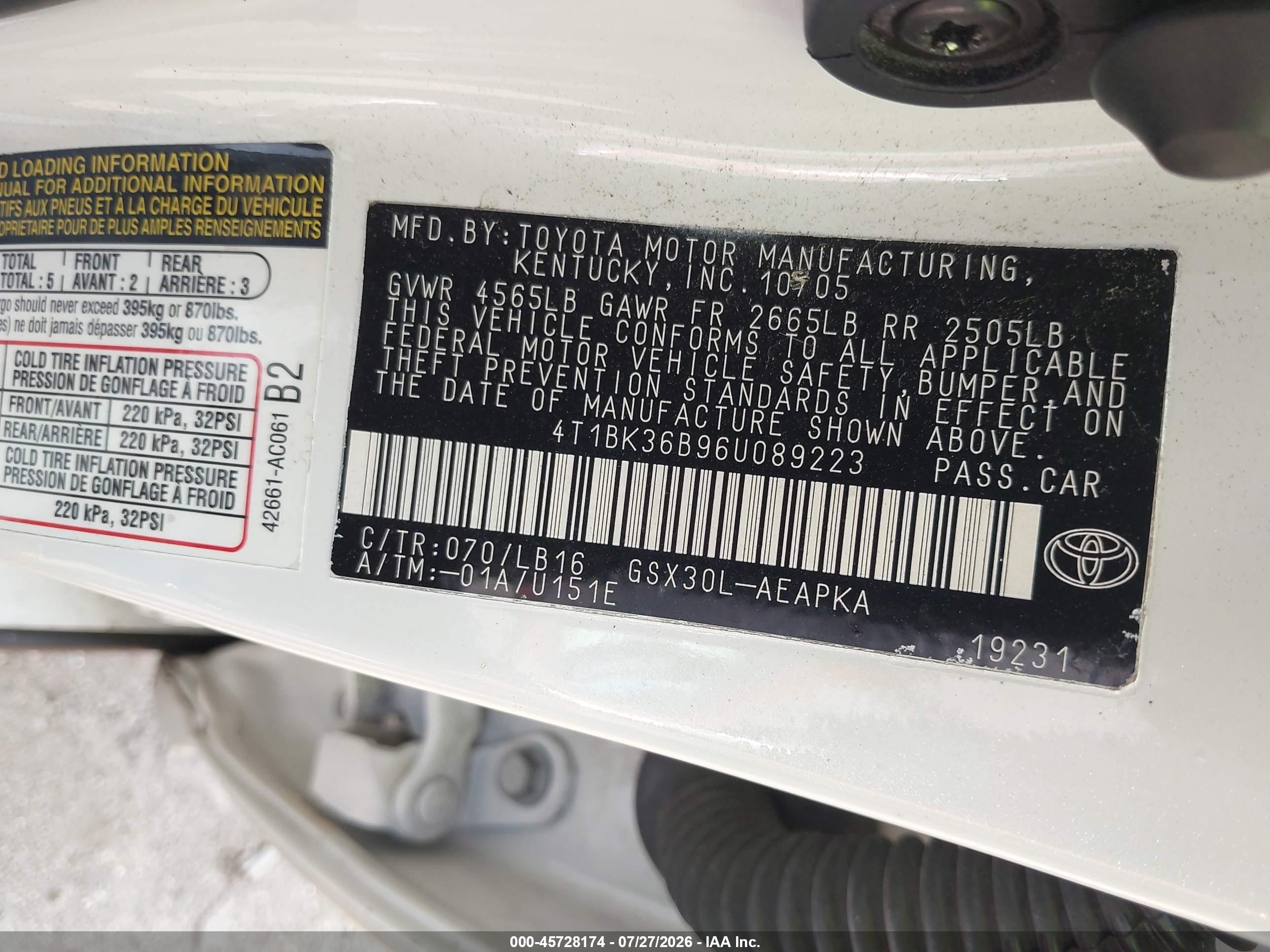 2006 Toyota Avalon Limited White vin: 4T1BK36B96U089223