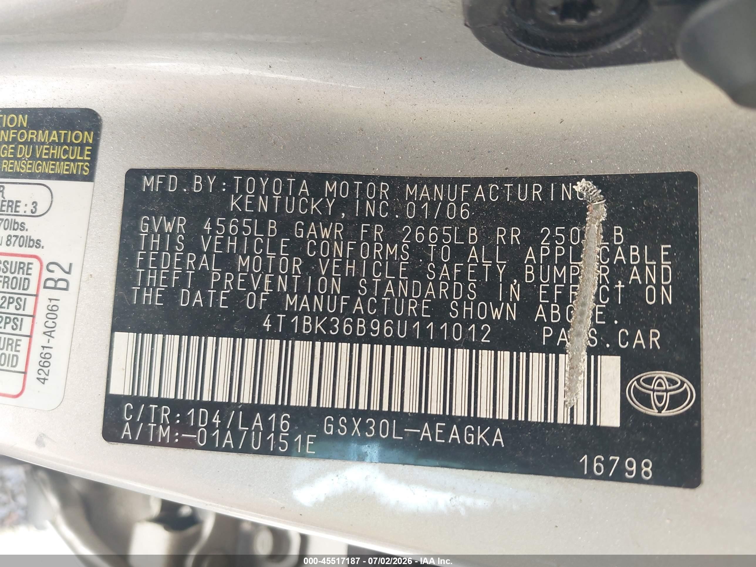 2006 Toyota Avalon Xls Silver vin: 4T1BK36B96U111012